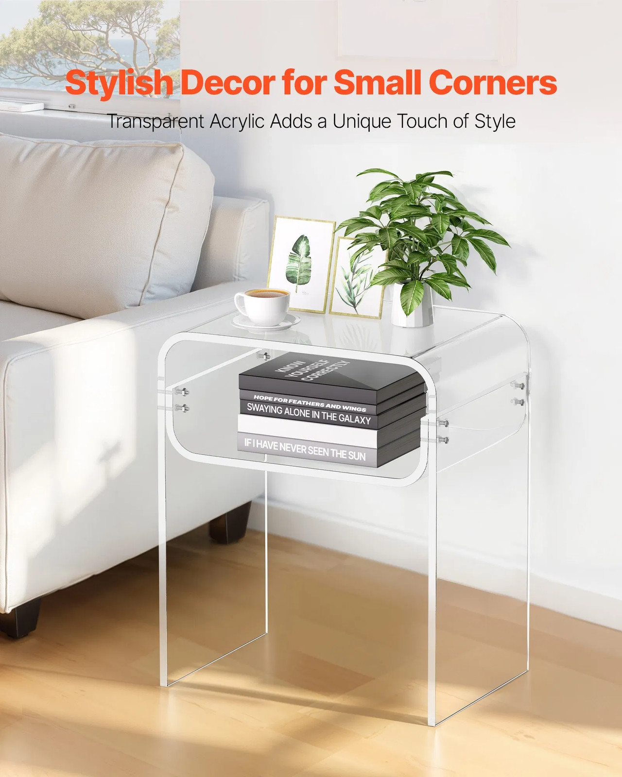 Acrylic Side Table, 2 Tiers Clear Bedside Table with Storage Shelf, Modern Recta