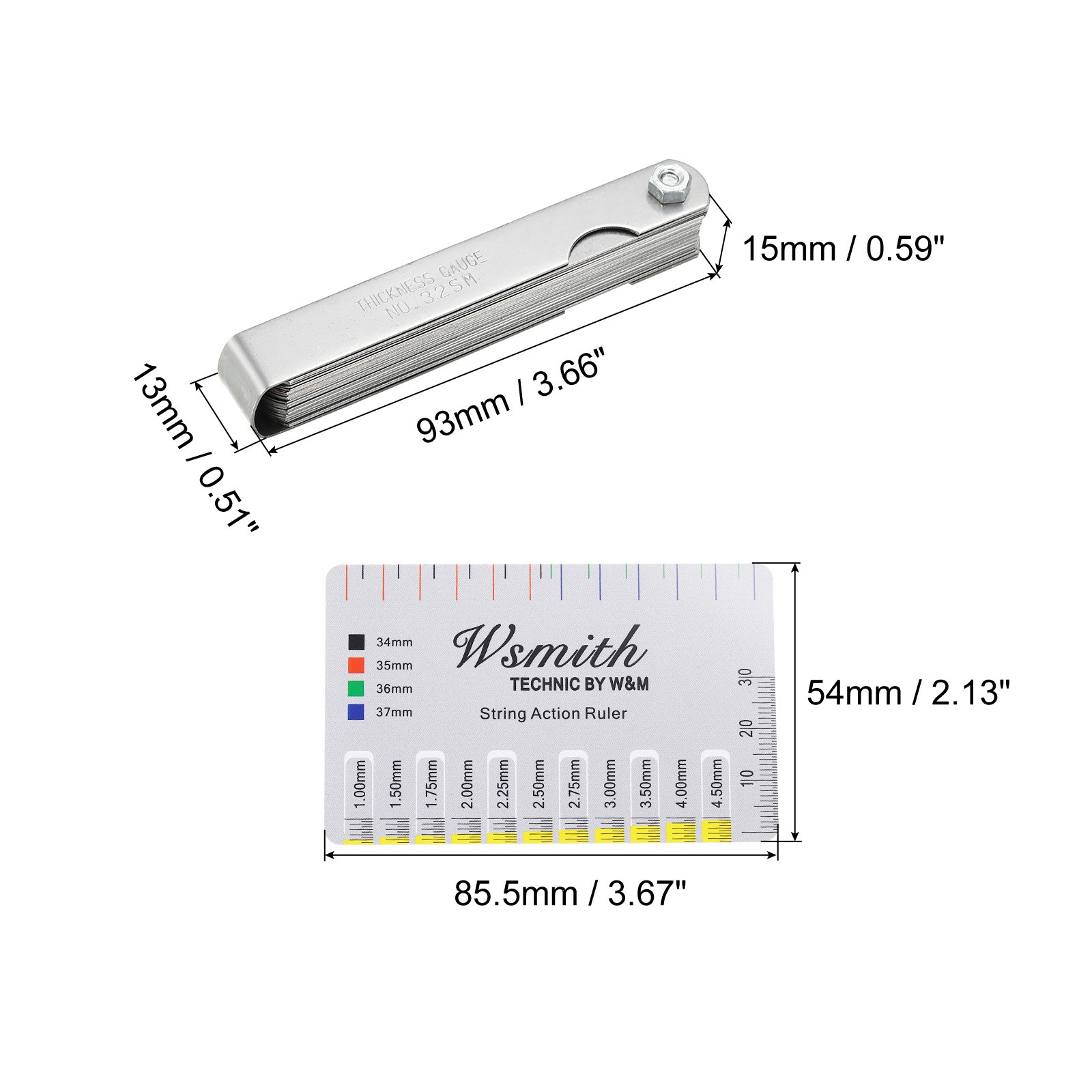 Feeler Gauge Dual Marked Measuring Tool 32 Blades Steel + String Action Ruler
