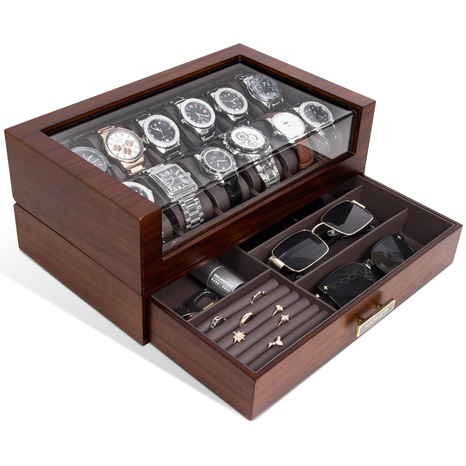 12 Slots Watch Box Case Organizer Display for Men Two-Tier Wooden Watch Box