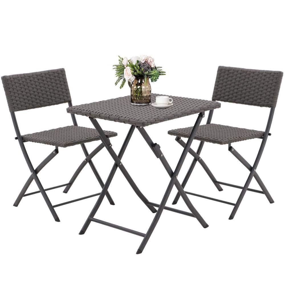 3-Piece Patio Bistro Set Outdoor Rattan Folding Table and Chairs Wicker Gray