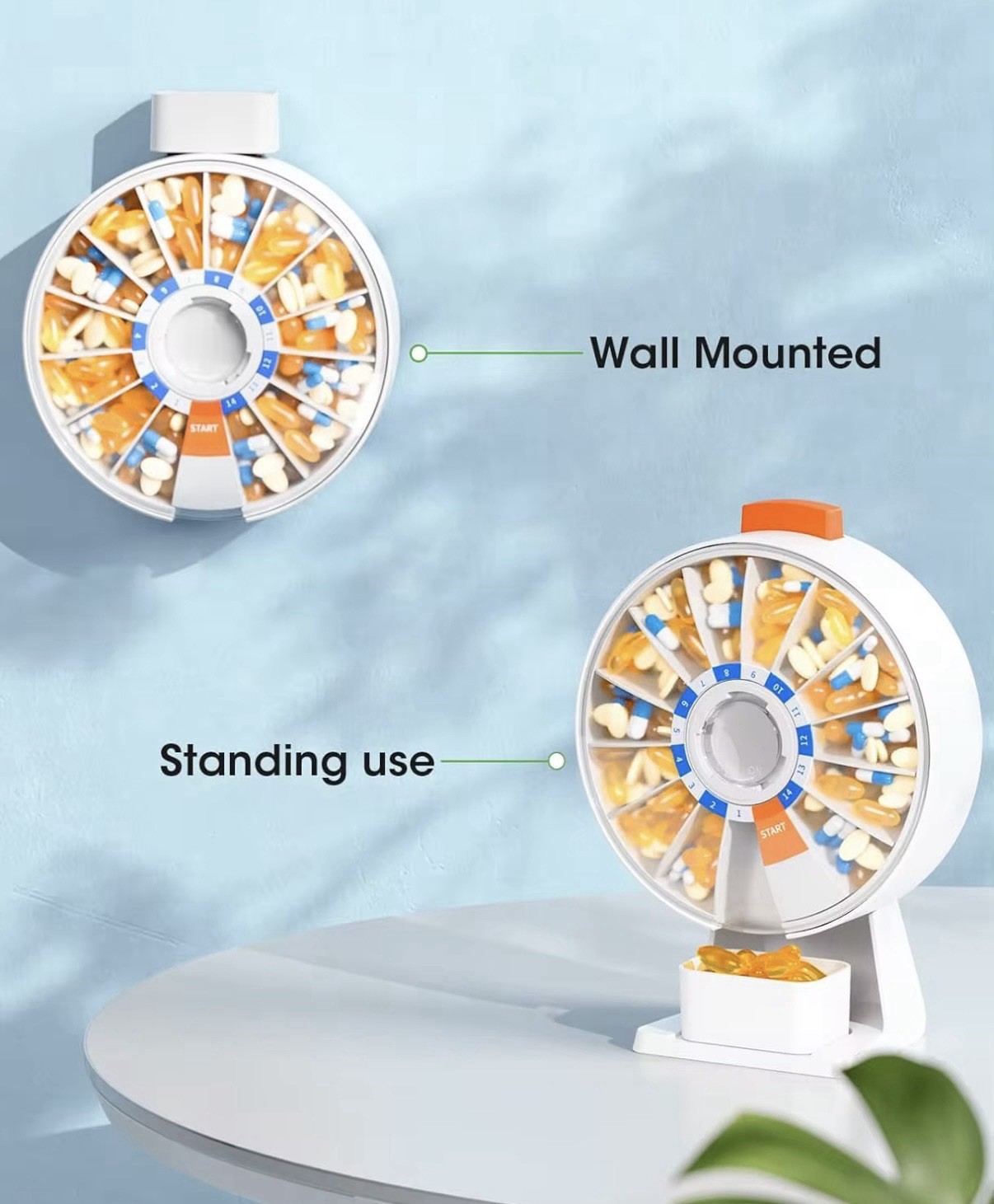 Daily Pill Organizer 14 Day Large Capacity Pill Dispenser Wall Mounted or Stand