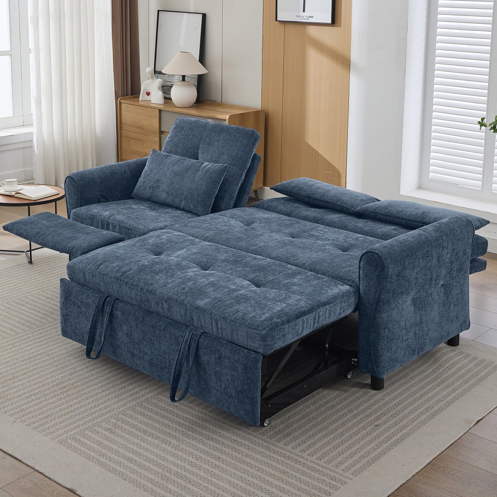 82" Blue Chenille Sofa Bed w/ Reversible Recliner, Adjustable Backrest, USB