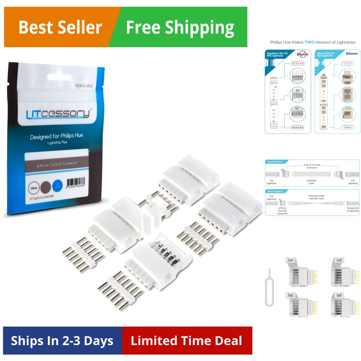 6-Pin to Cut-End Connector Compatible with Philips Hue Light Strip Plus, Hue ...