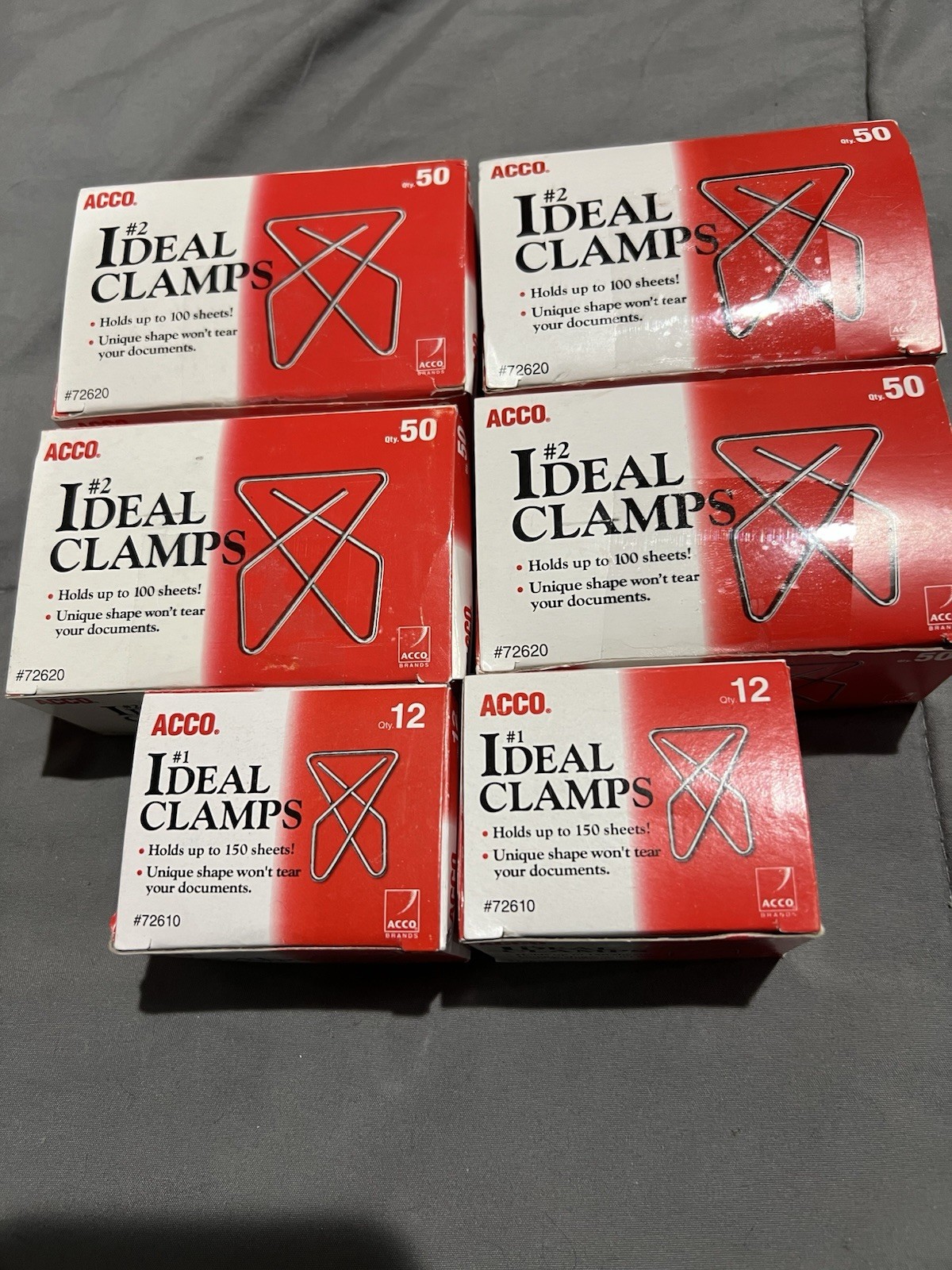 Lot of  Six Boxes ACCO Ideal Clamps… 4 Boxes Of #2 Ideal Clamps,  Two Boxes #1