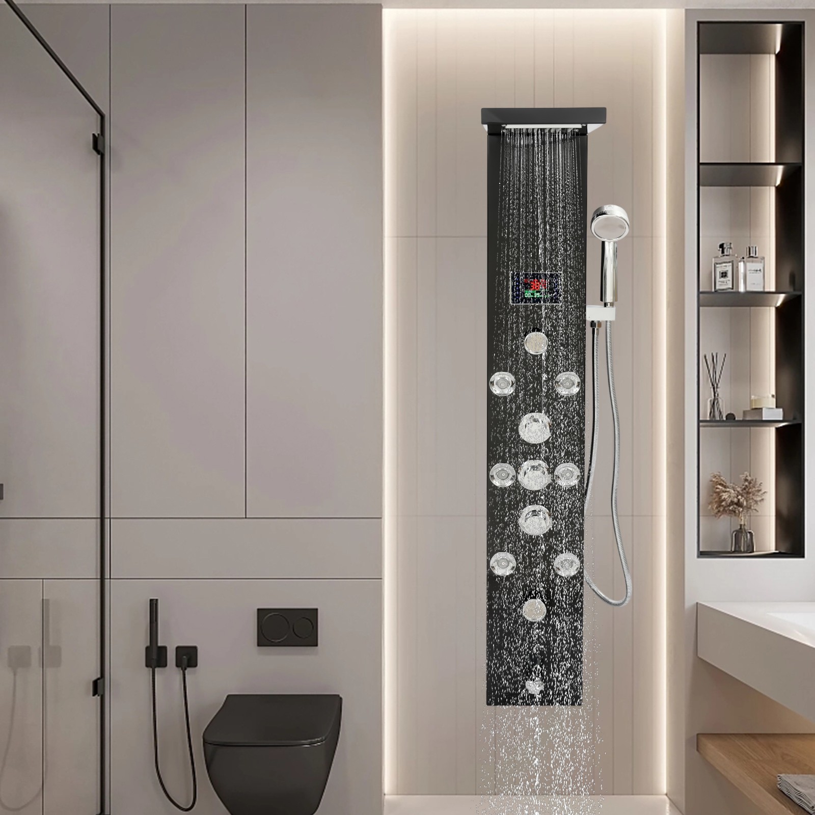 Hydroelectricity Display Rain Massage Full Body Shower System with Jets Black