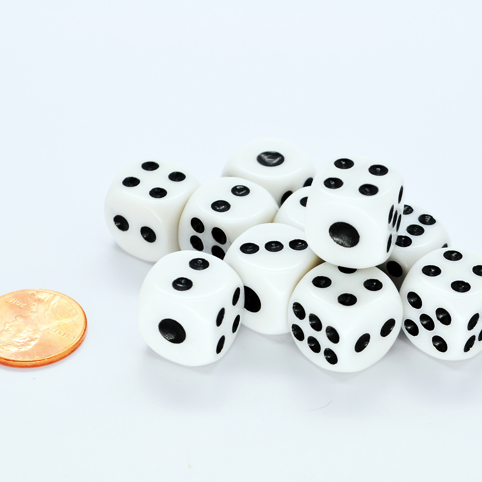 10pcs 14mm Six Sided Dice D6 White w/ Black Pips + Velvet Drawstring Dice Bag