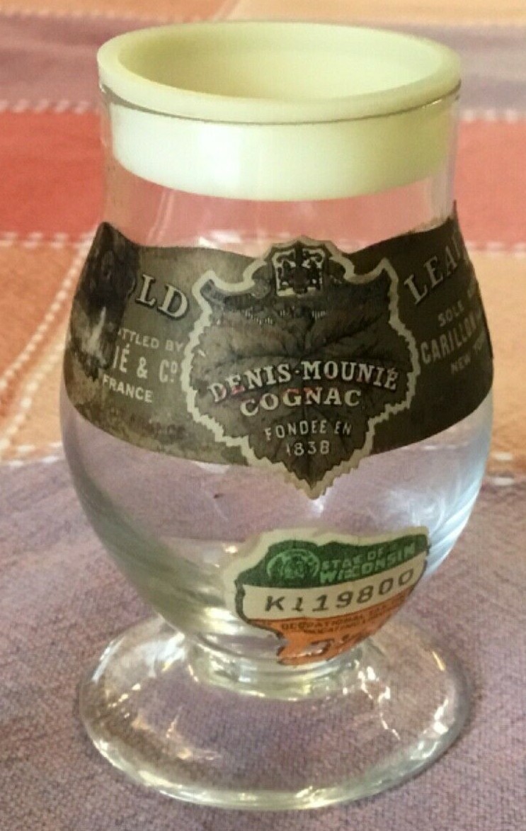 Denis-Mounie Cognac Gold Leaf 1/16 Pint France Import EMPTY Airline Bottle 3"