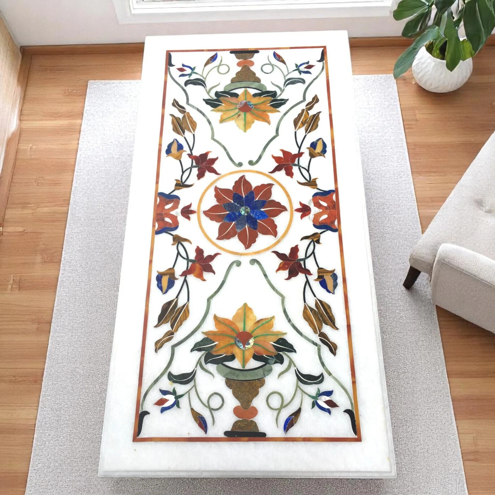 White Marble Dining Table | Semi-Precious Gemstone Inlay Floral Art Decor
