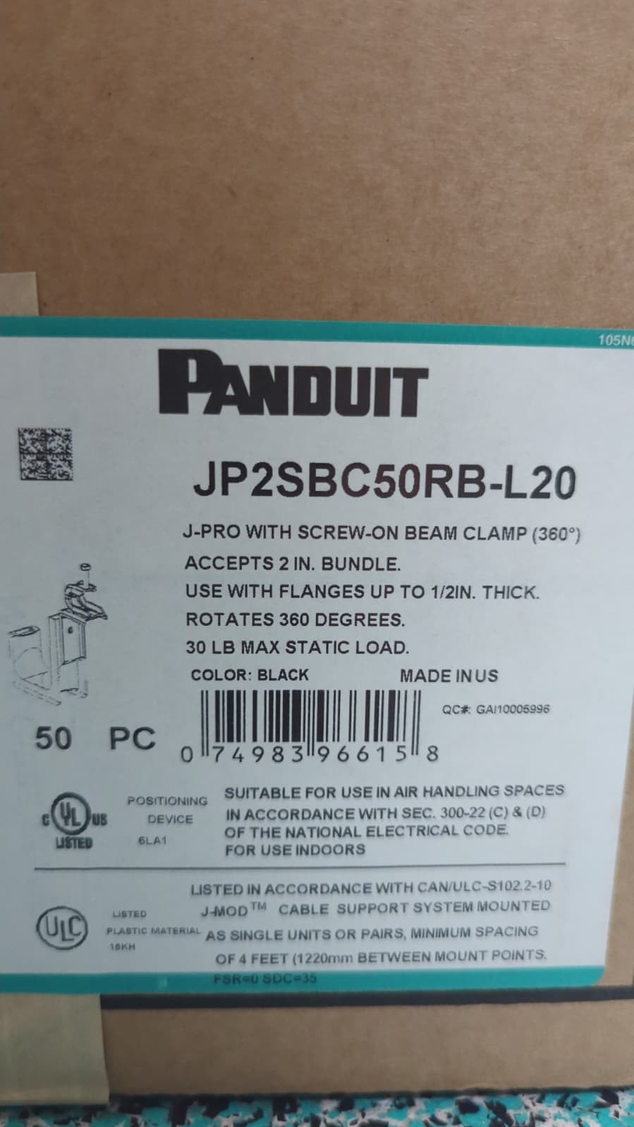 *** Panduit J-PRO J-Hook Screw-On Beam Clamp Black QTY 50 JP2SBC50RB-L20 ***
