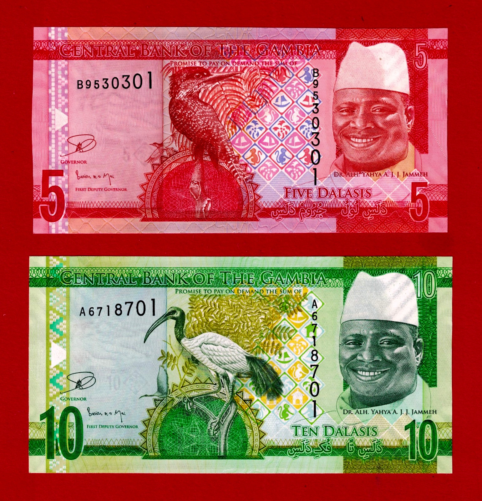2015 GAMBIA UNC NOTES Sign: Colley & Nijai - 5 Dalasis P-31a, & 10 Dalasis P-32a