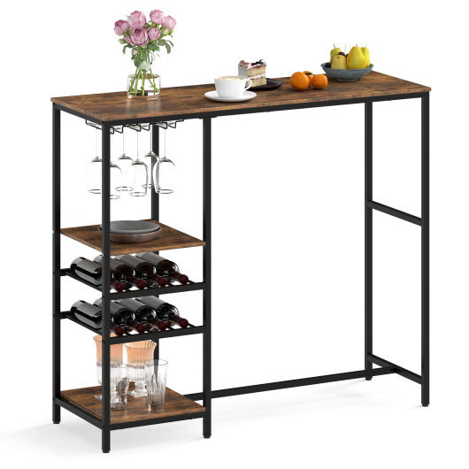 Long Bar Table Bar Height Dining Table with Storage Shelves-Rustic Brown - Color