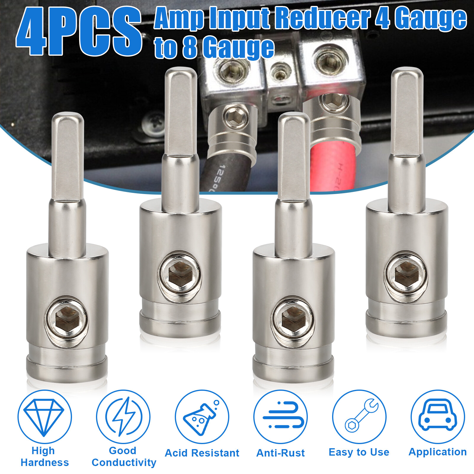 4PCS 4 Gauge to 8 Gauge Amp Input Reducer Wire Reducer Power/Ground Input Reduce