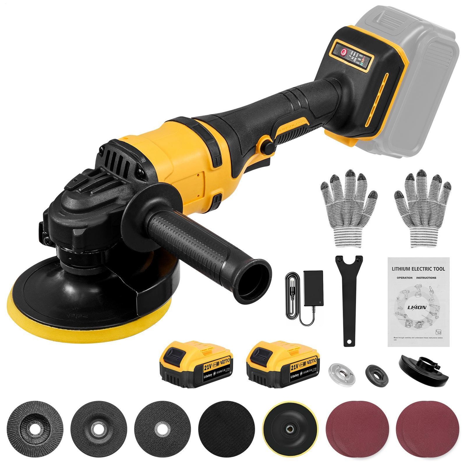 Cordless 4-1/2" Angle Grinder & Polisher Set  Brushless Mot 21V Battery 30000RPM