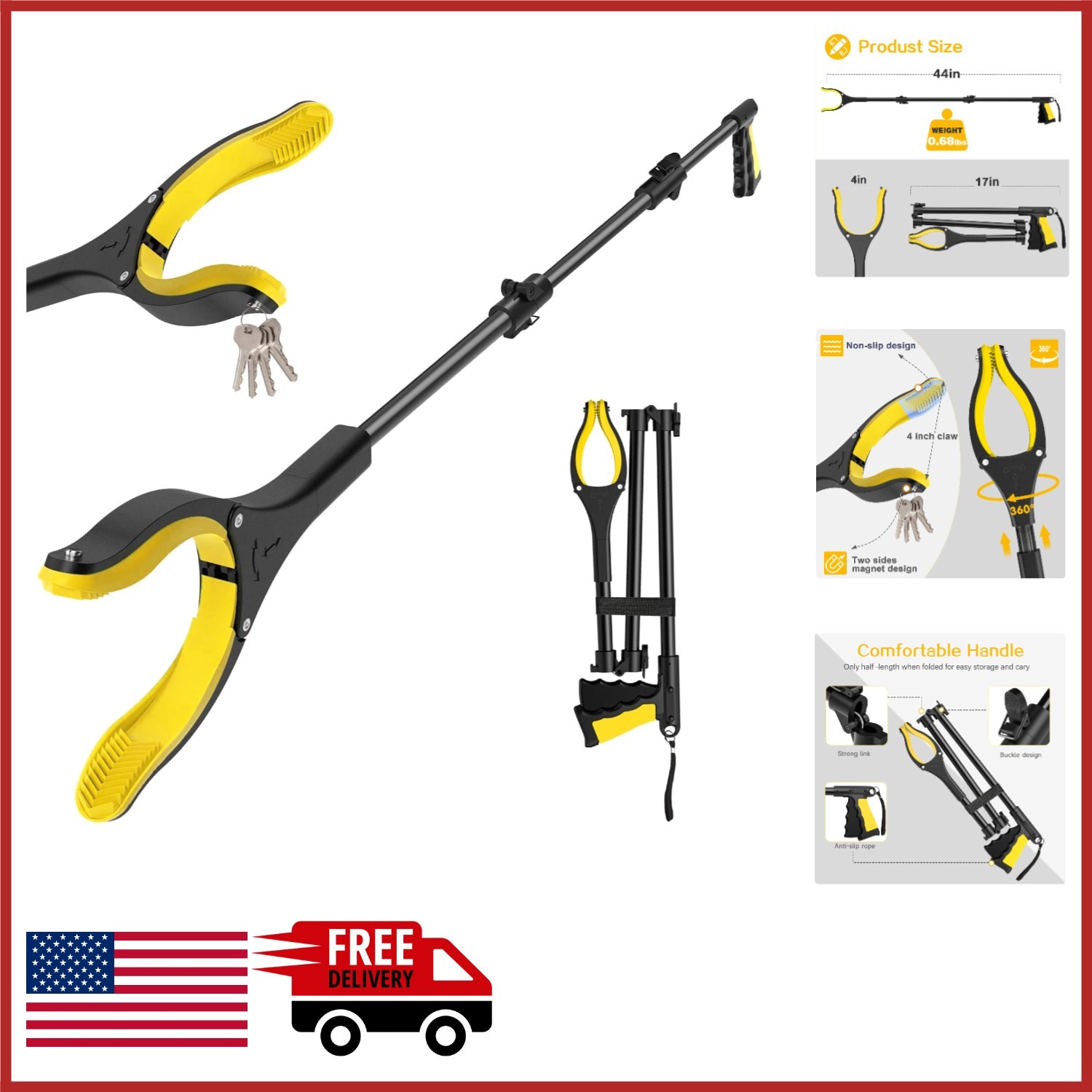 Foldable Trash Pick Up Stick 44 Inch with 360° Rotating Claw for Easy Reaching