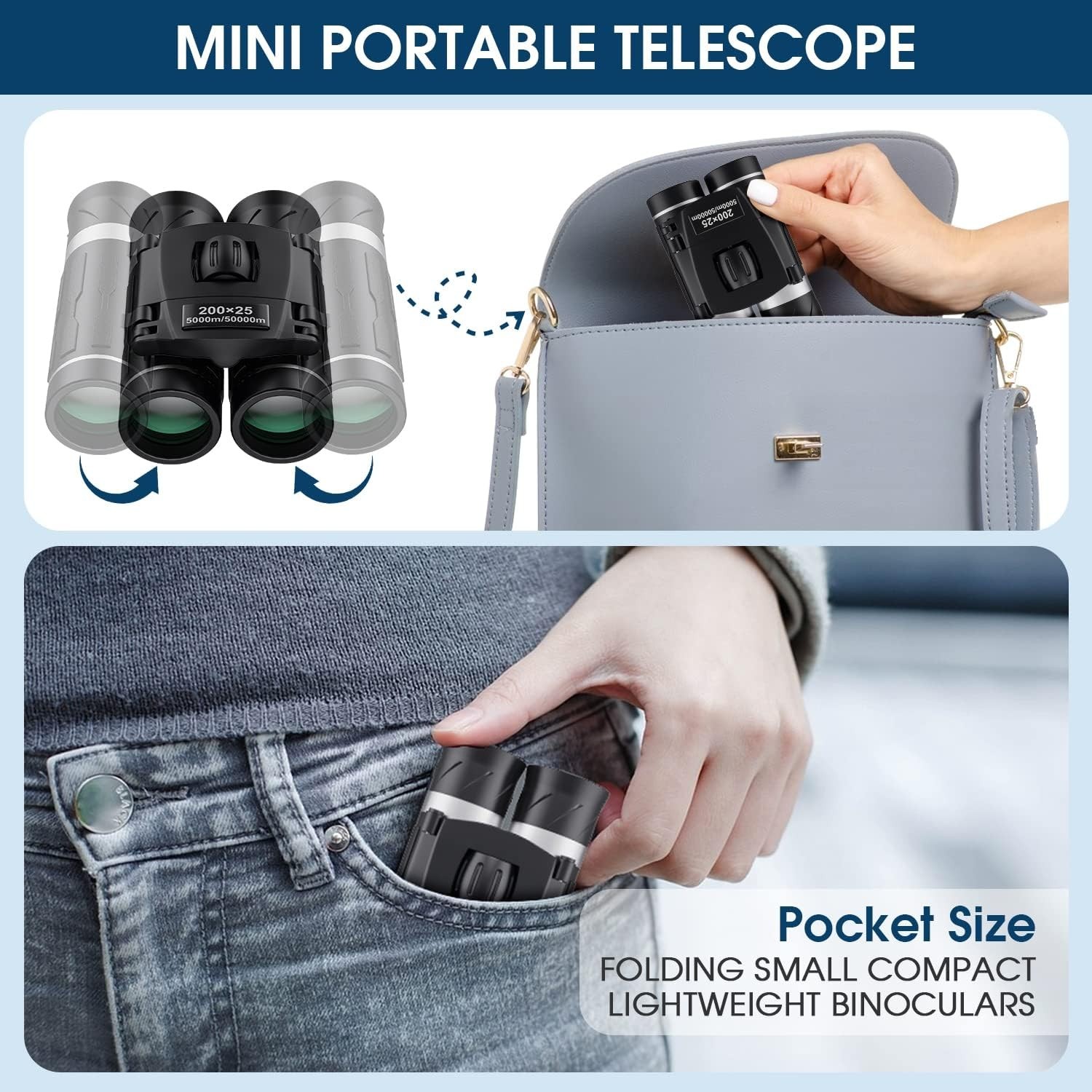 200x25 Compact Binoculars for Adults and Kids, High Powered Mini Pocket Binoc...