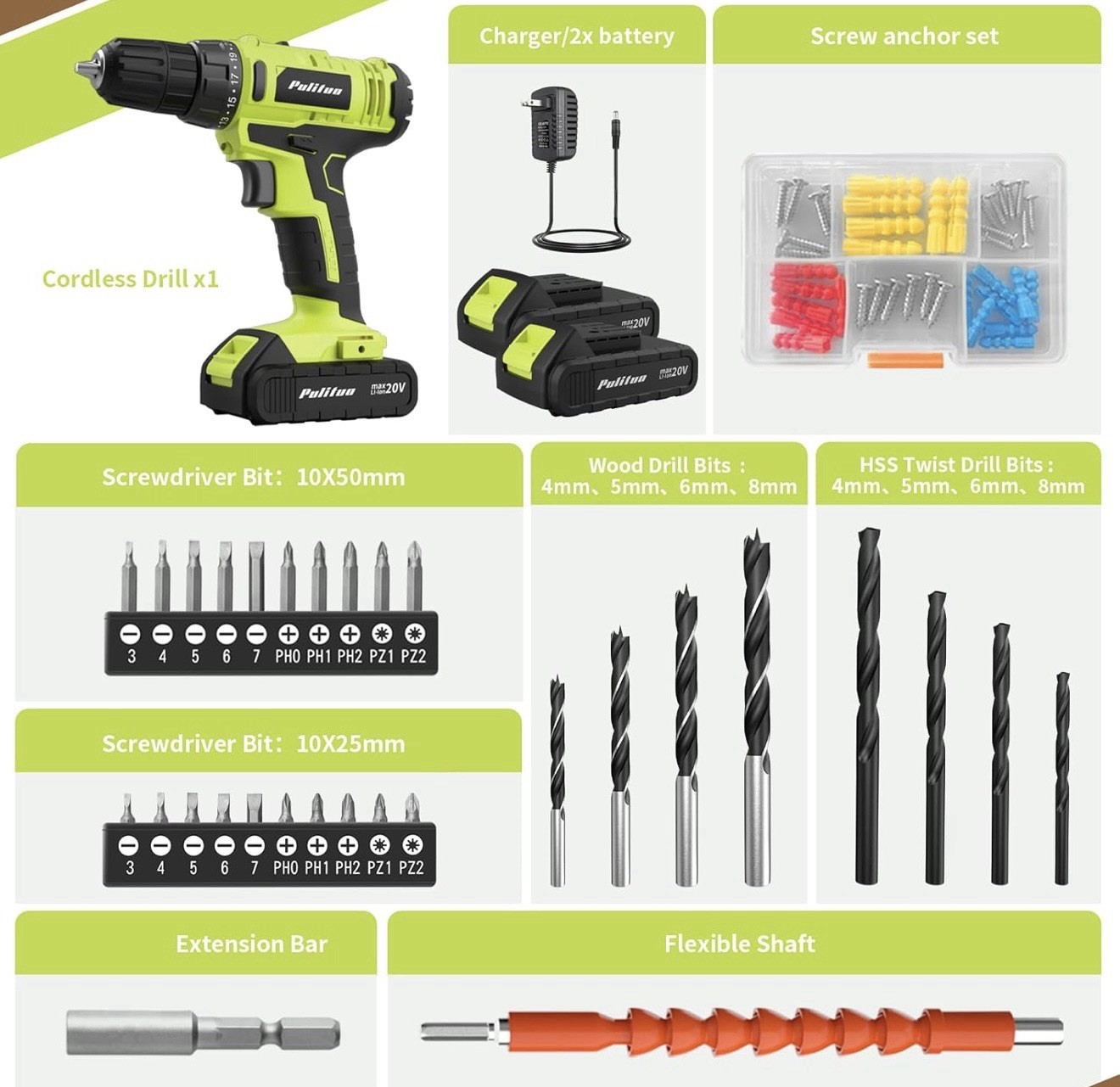 Complete 20V Electric Drill Screwdriver Kit Rechargeable Batteries LED Light New