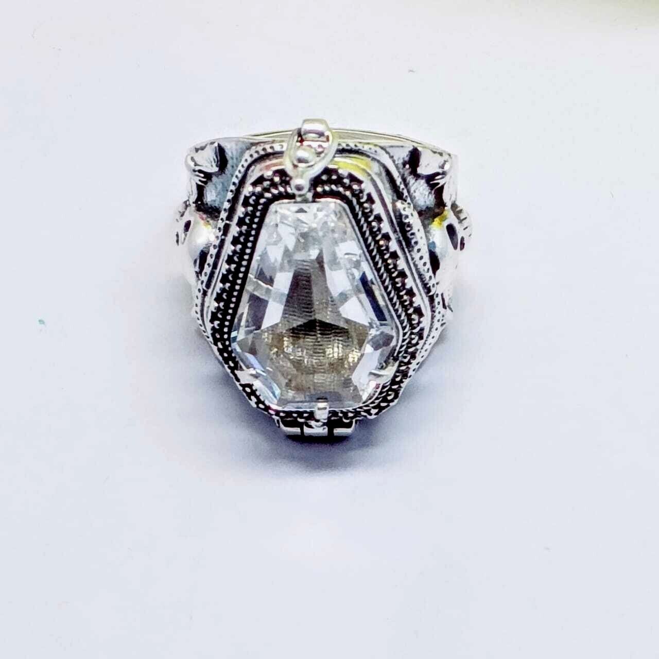Skull Coffin Poison Ring, White Topaz Gemstone 925 Silver Handmade Poison Ring,