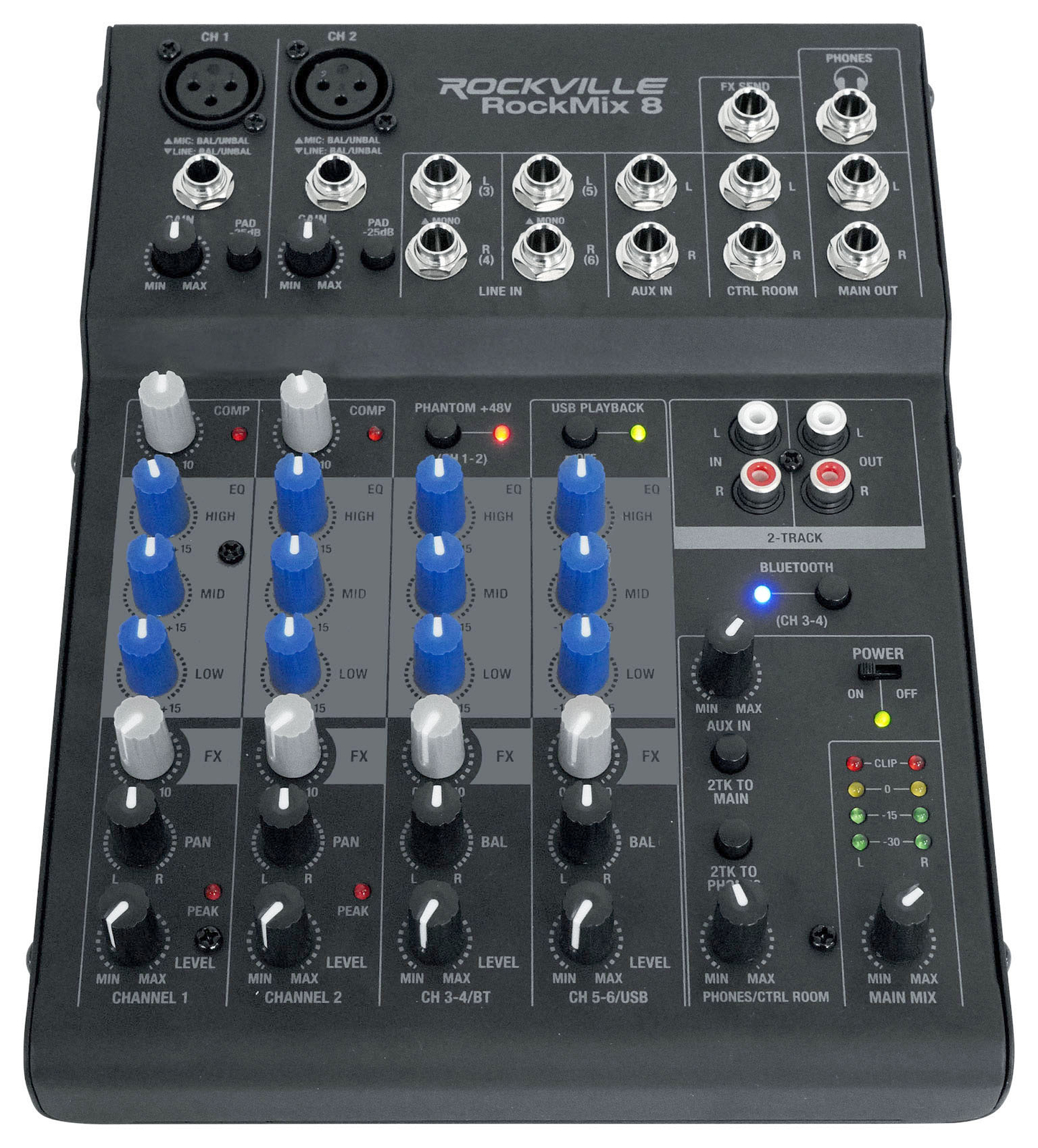 Rockville ROCKMIX 8 Channel Mixer w USB Recording Interface+Compressor+Bluetooth