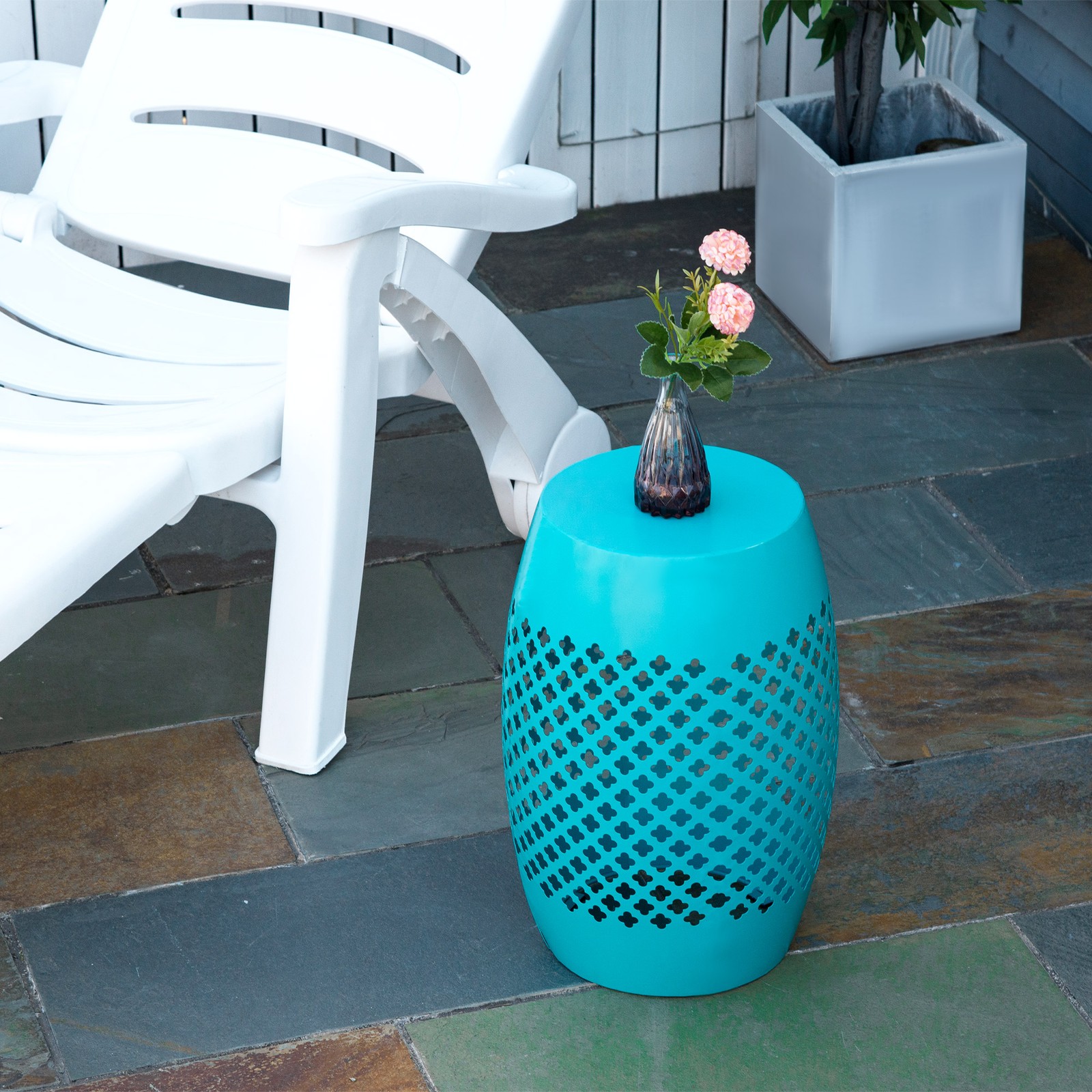 Chic, Modern, Outdoor & Indoor Garden Steel Round Side Table, Hollow Drum, Blue