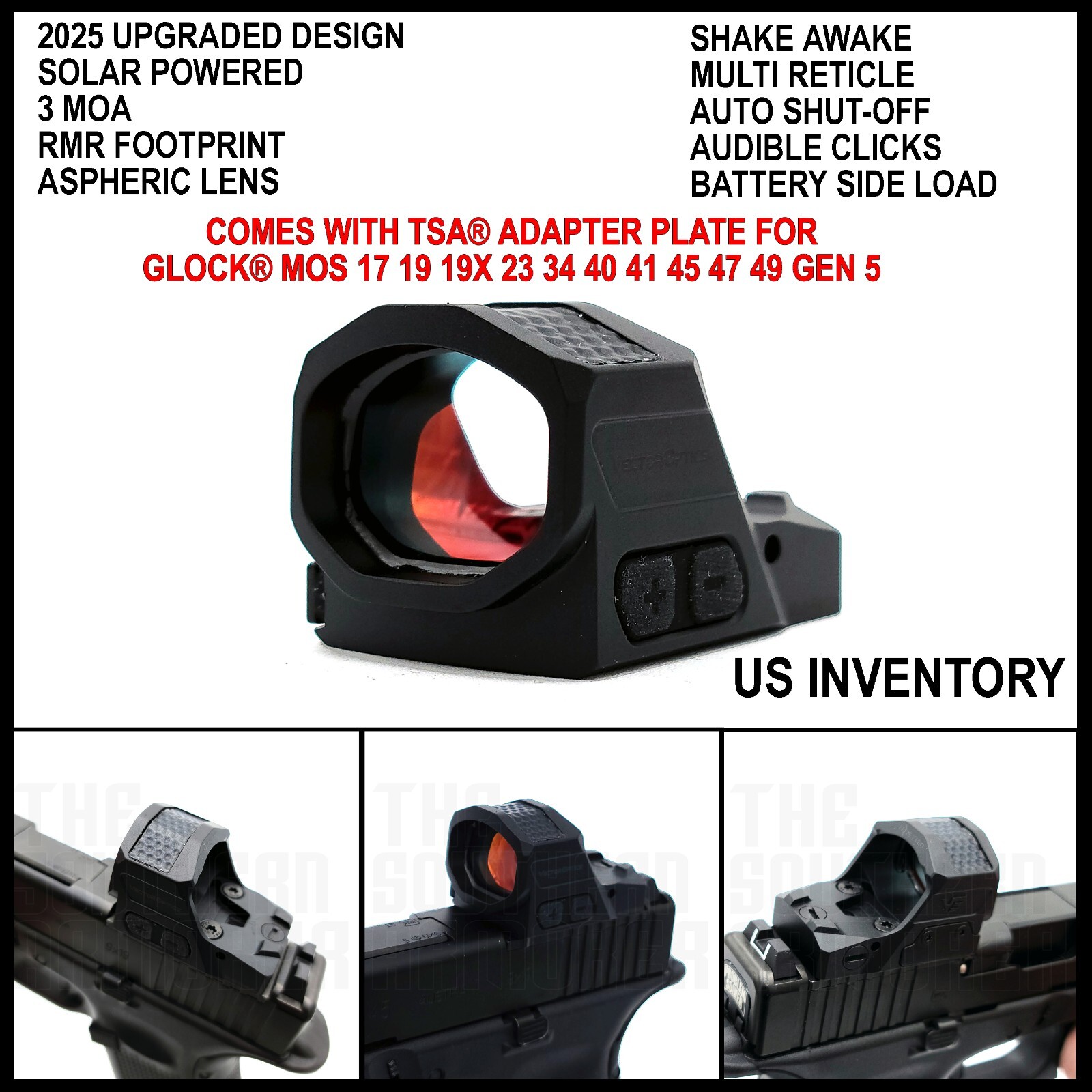 2025 SOLAR POWER RED DOT OPTIC SIGHT FOR GLOCK 17 19 19X 23 34 40 45 47 49 GEN 5