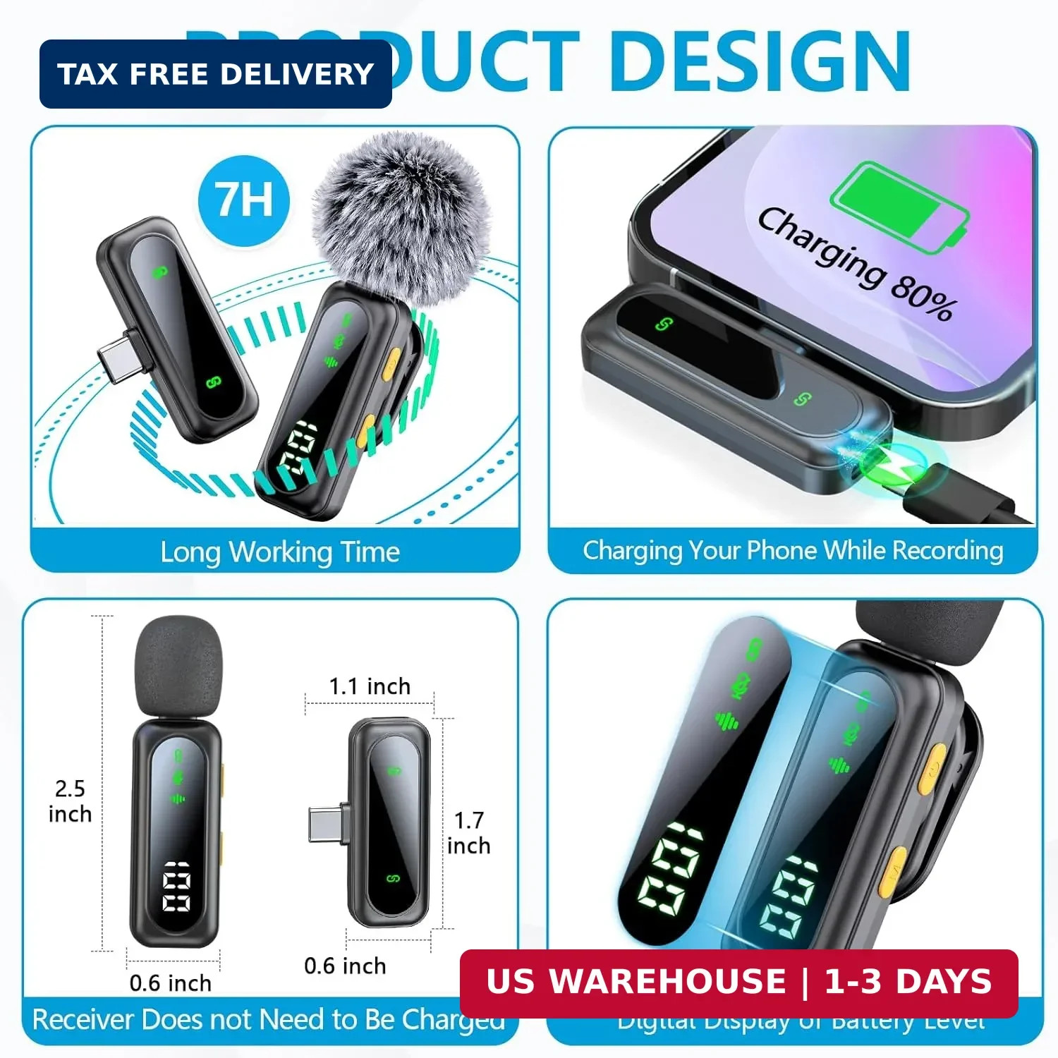 Mini Microphone for iPhone 15 16/iOS/Android Devices, LED Display Wireless Micro