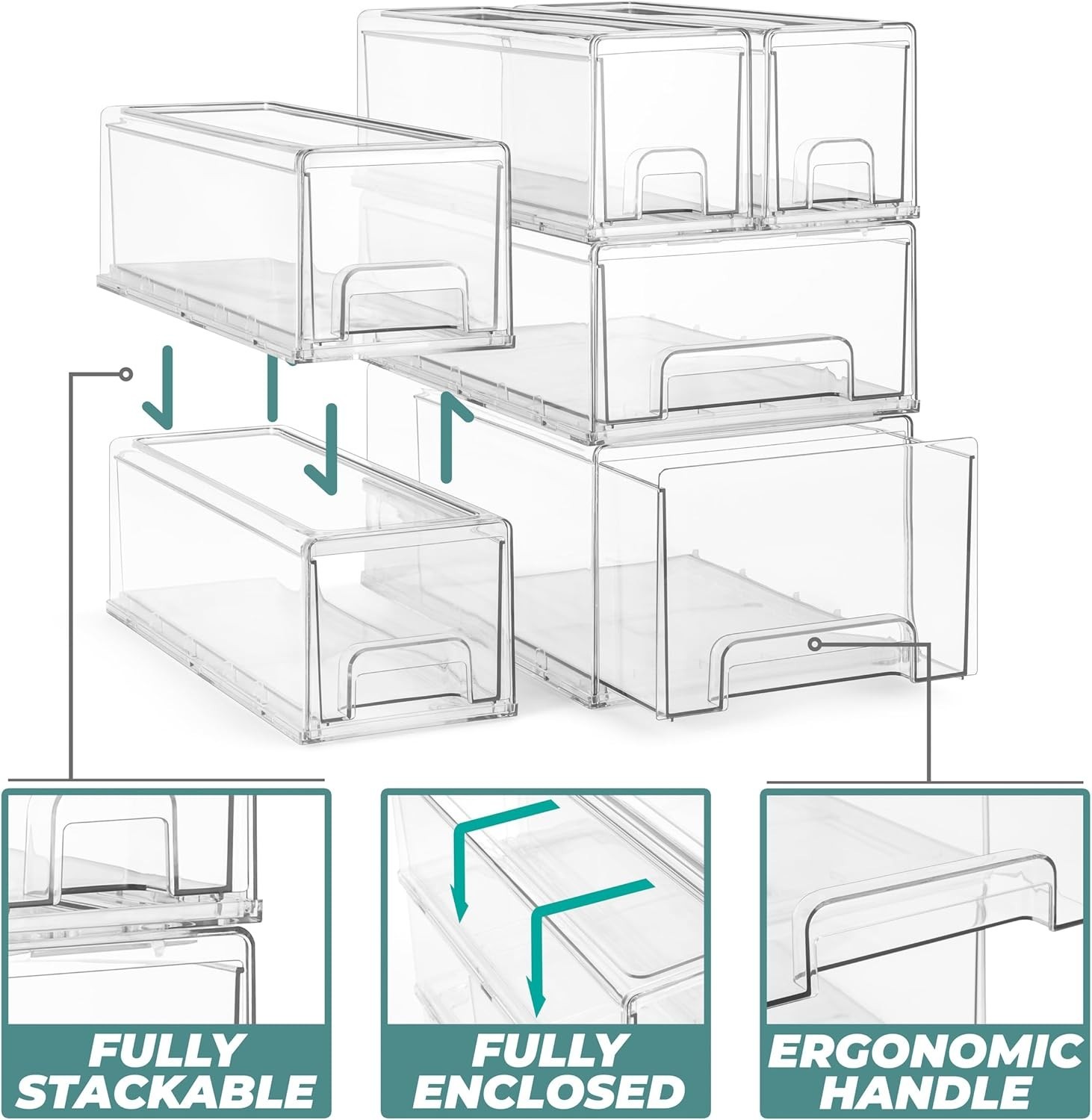 Medium Clear – 2-Pack Plastic Organizer Bins with Handles – Stackable Pull-Ou...