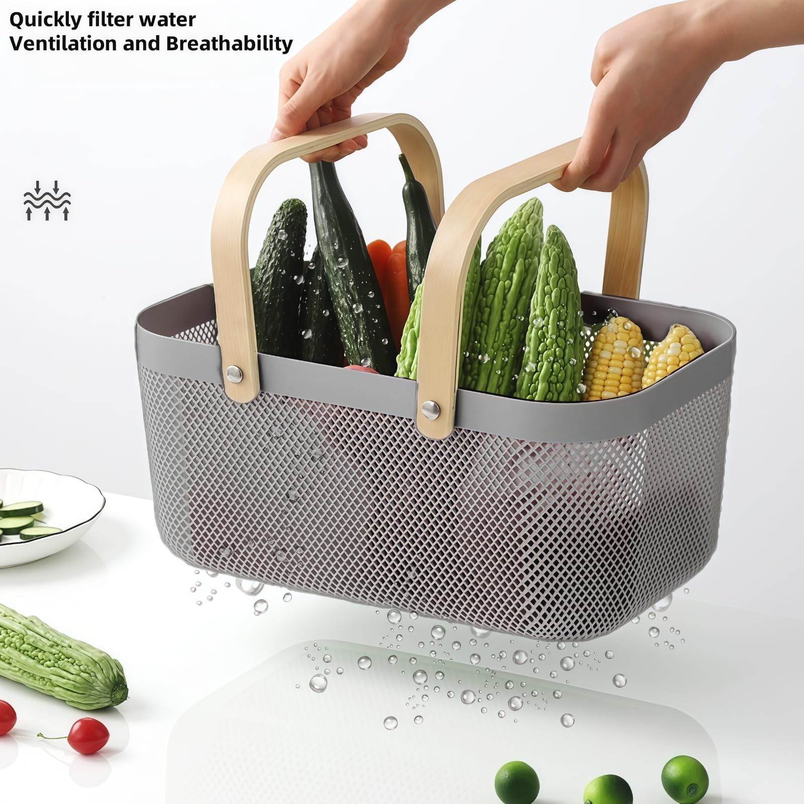3pcs Collapsible Wooden Handle Plastic Harvest Basket - Rectangular Garden St...