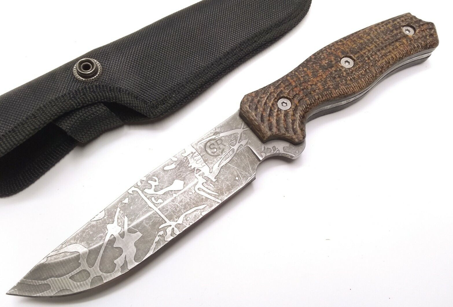 SR Knives Brown Grippy Burlap Micarta Fixed Blade Knife Full Tang w/ Belt Sheath