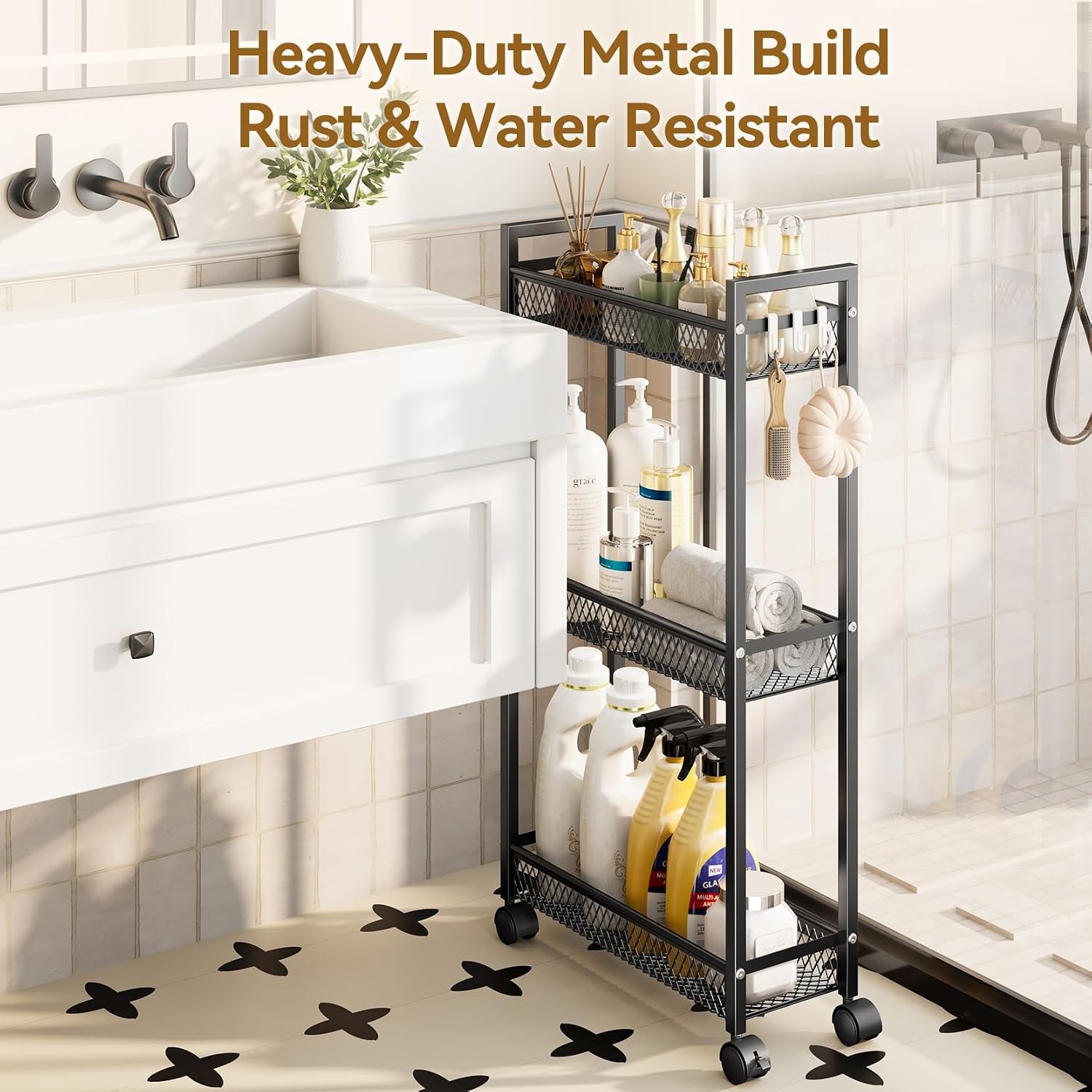 Slim 3-Tier Metal Rolling Cart, Black - Kitchen/Bath/Laundry Storage