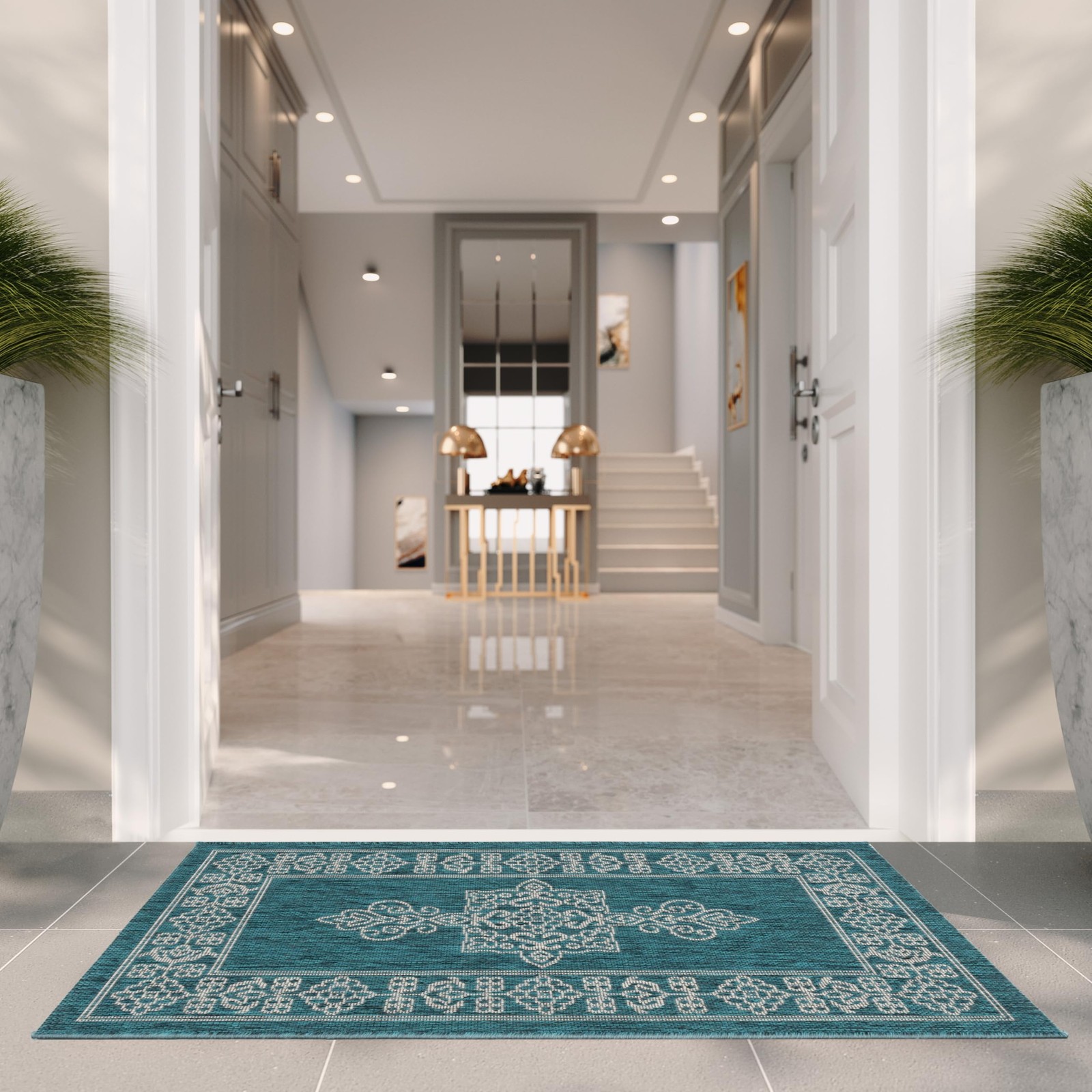 Washable Rug Outdoor Courtyard Collection - 2' x 3'7", Teal & Ivory, Non-Shed...