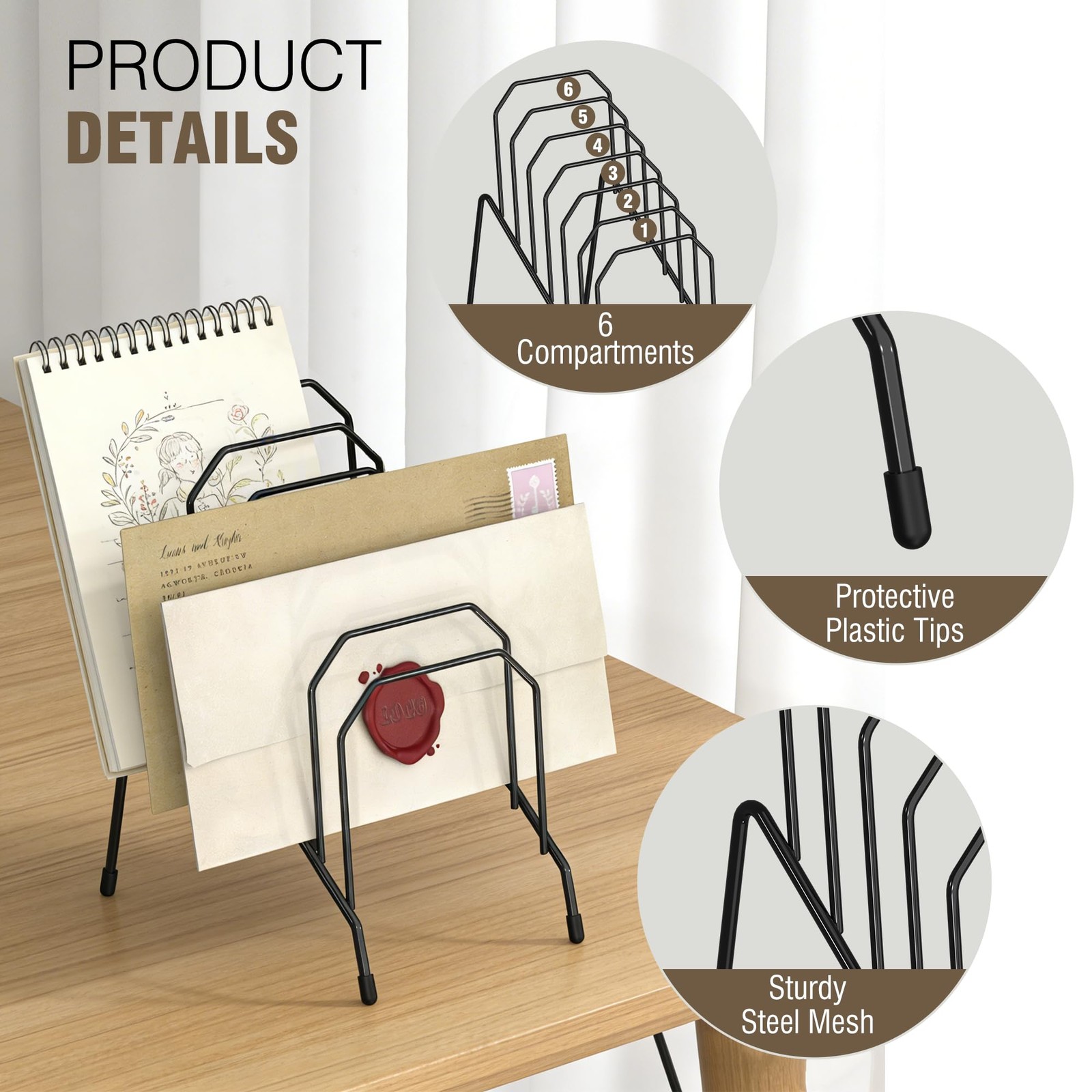 Incline Desk Mail Organizer Sorter Letter Rack 6Section Vertical Compartments