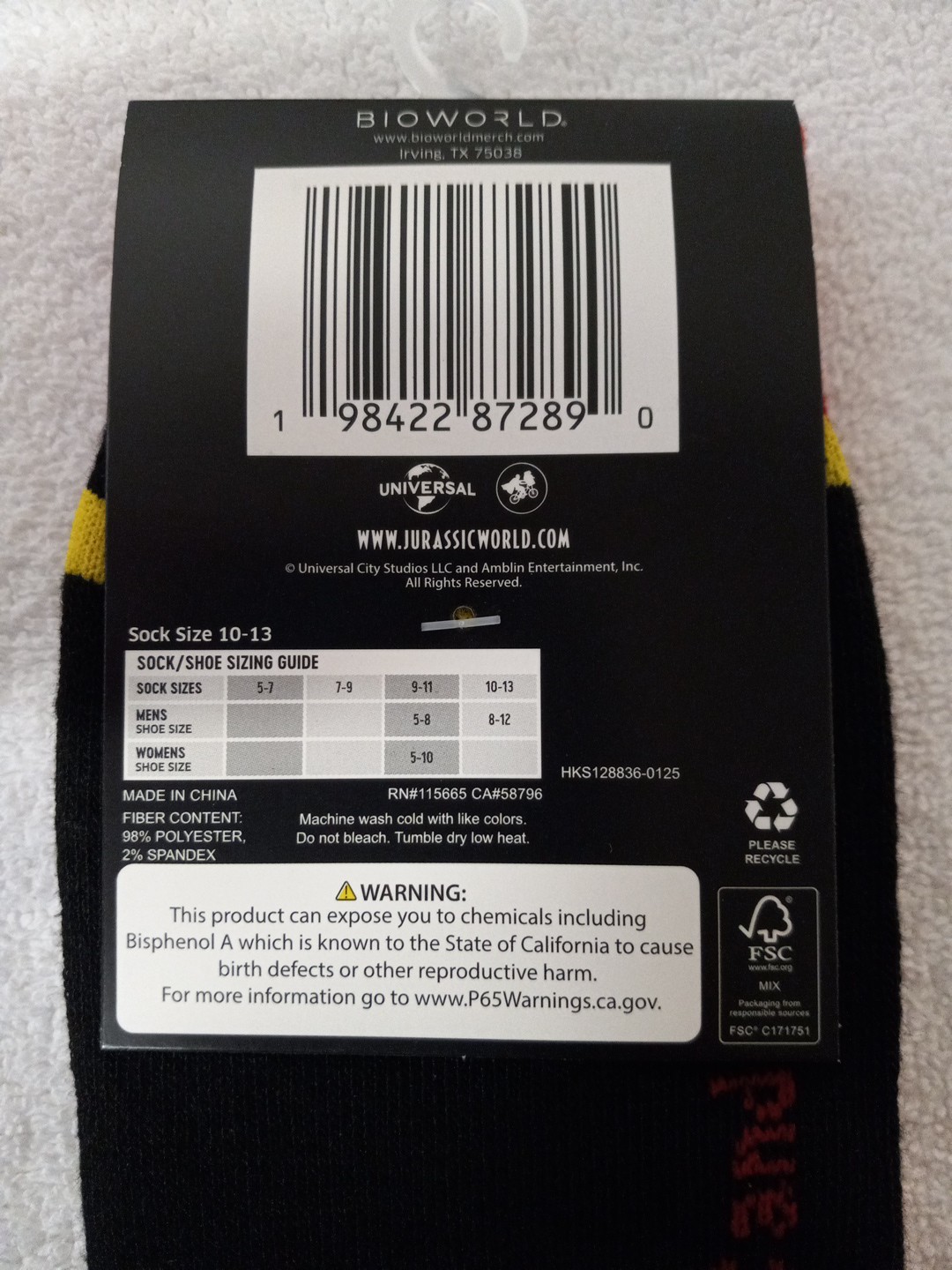 Jurassic Park Novelty Crew Socks 1 Pair Sz 10-13 NWT