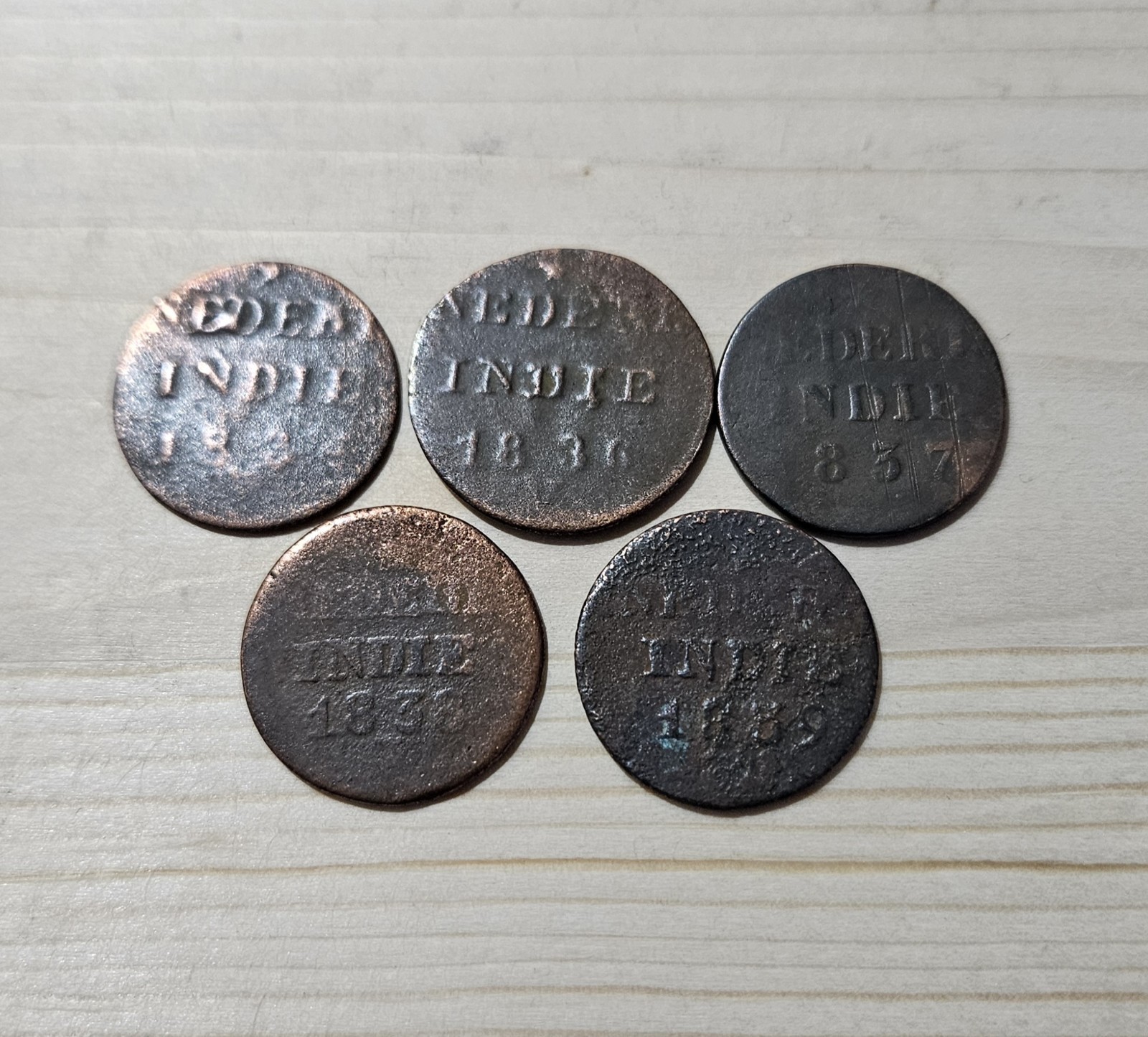 Lot of 5 Dutch East Indies 1 Cent 1834 Thru 1839 Coins Shipwreck Colonial Copper