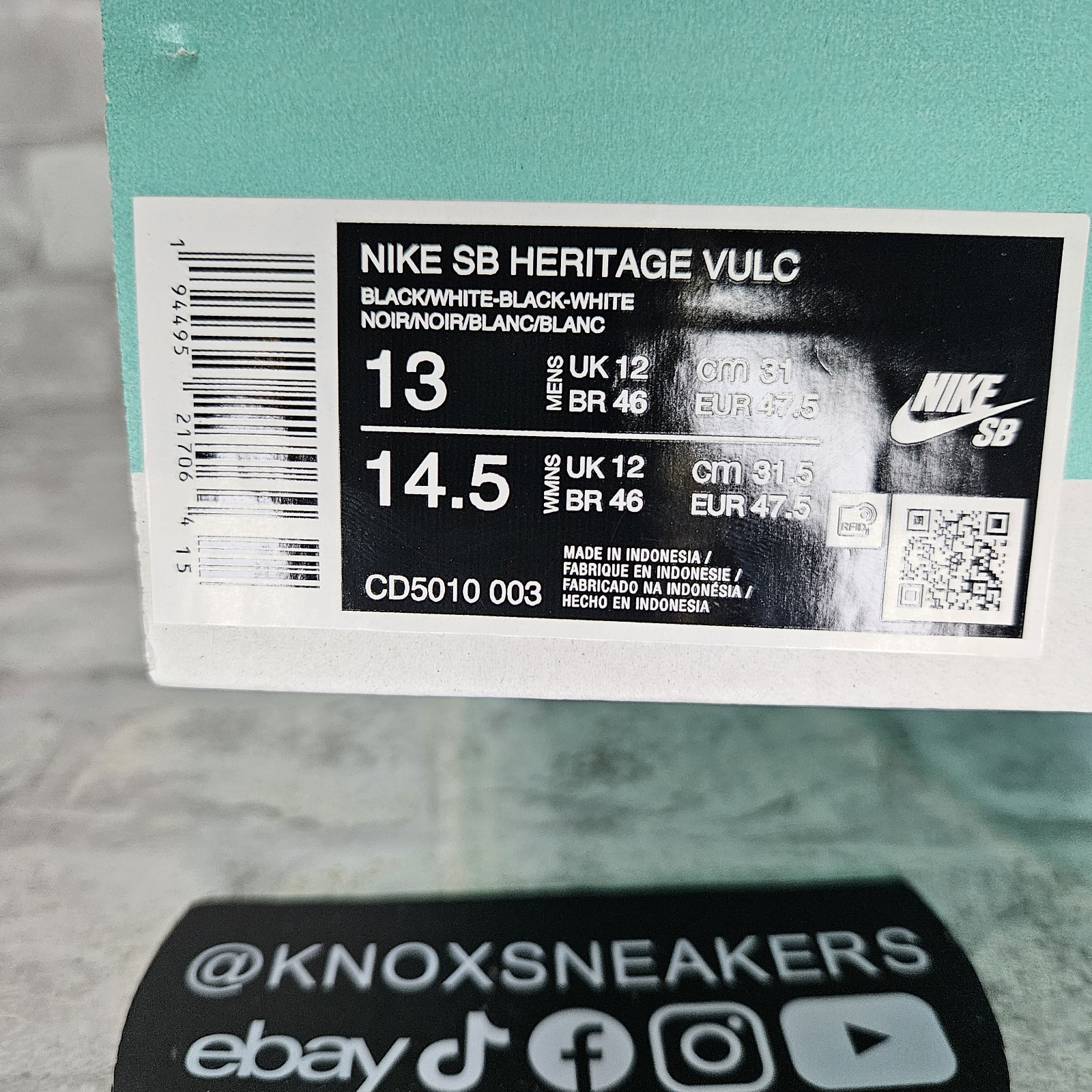 Nike SB Heritage Vulc Black White Skate Sneaker CD5010-003 Men's Size 13