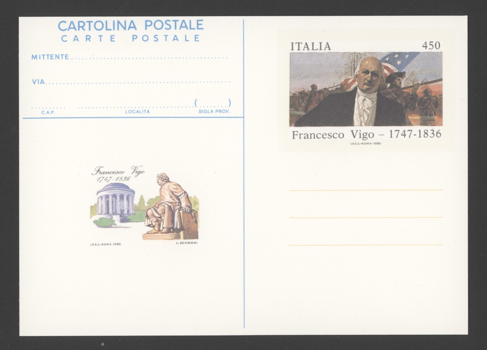 1986 Italy 450L Francis Vigo Postal Card, Mint