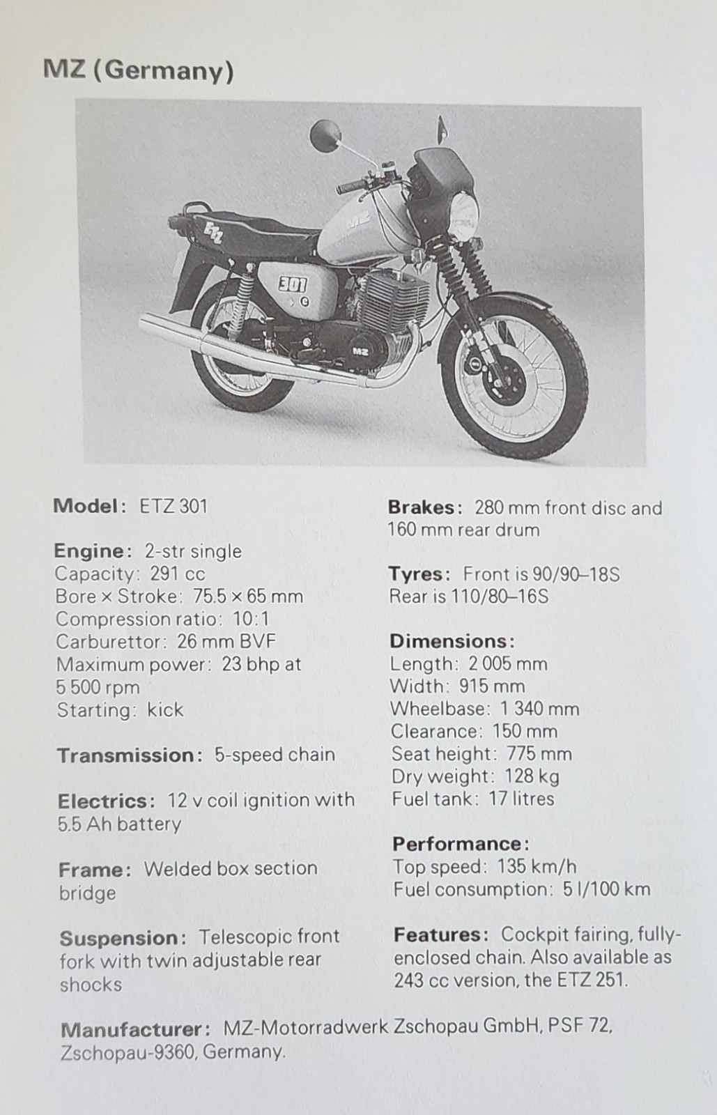 MZ Motorcycle Picture Original Vtg Info Detail Bike Sheet