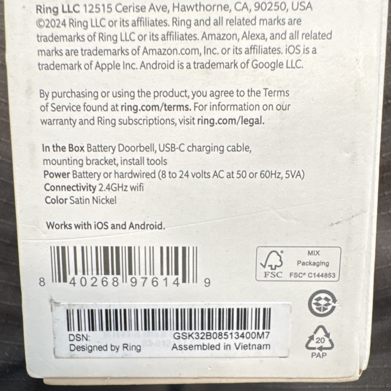 Ring Battery Doorbell HD Video Wi‑Fi Alexa Silver/White w/ Charging Cable