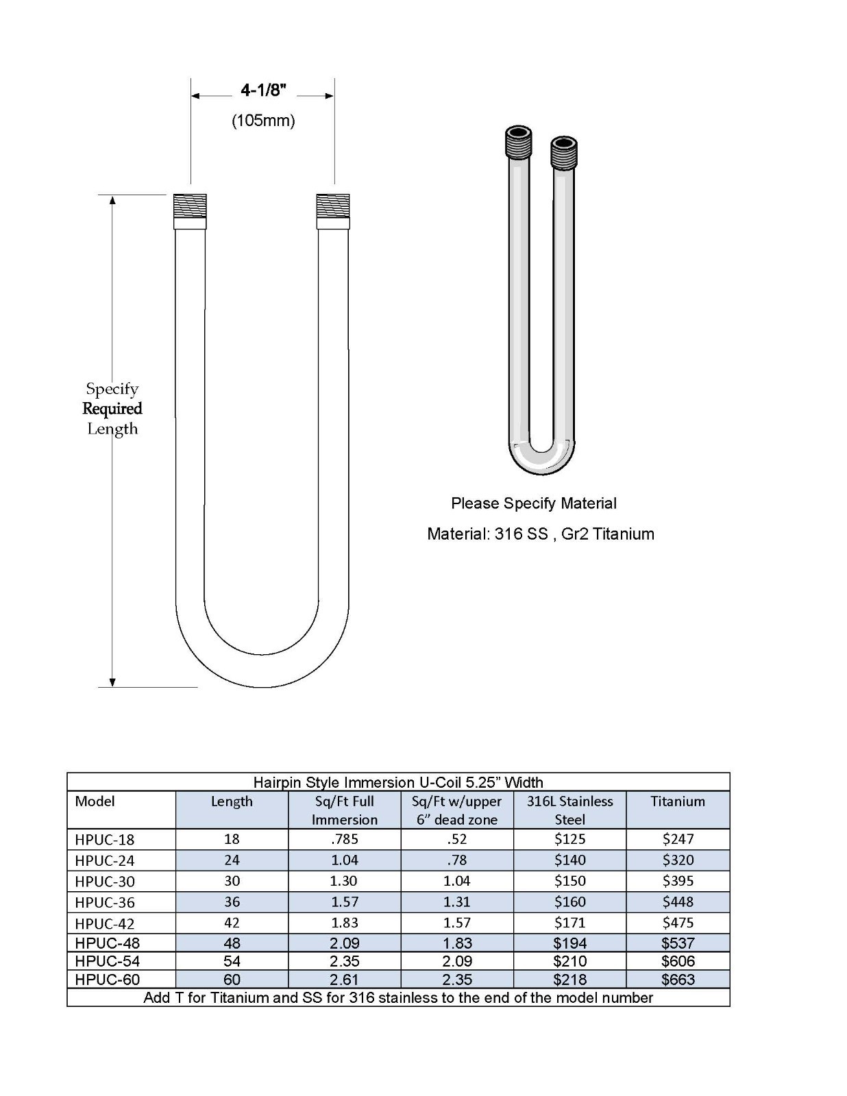 Immersion U-Coil Heat Exchanger 316L stainless steel, Heating, Cooling