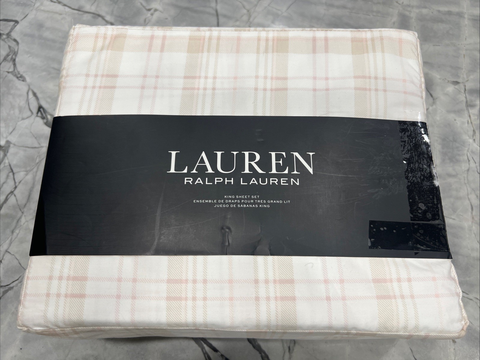Ralph Lauren KING Sheet Set 4pc 100% Cotton Deep Fit Beige Pale Pink Plaid NEW