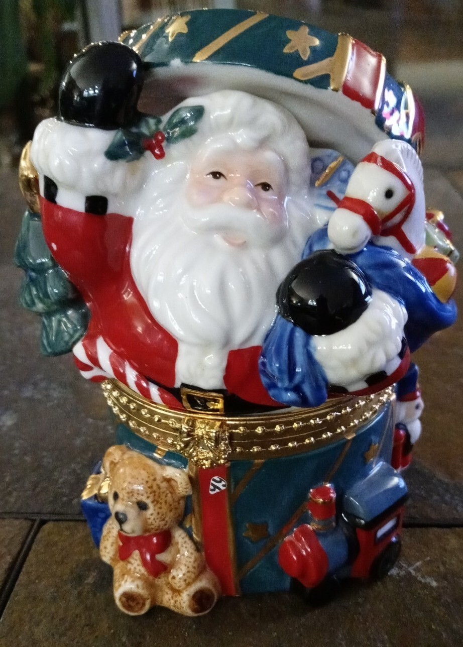 Brand New Ceramic Colorful Santa & Toys In A Box Trinket Box 6 Inches X 4 Inches