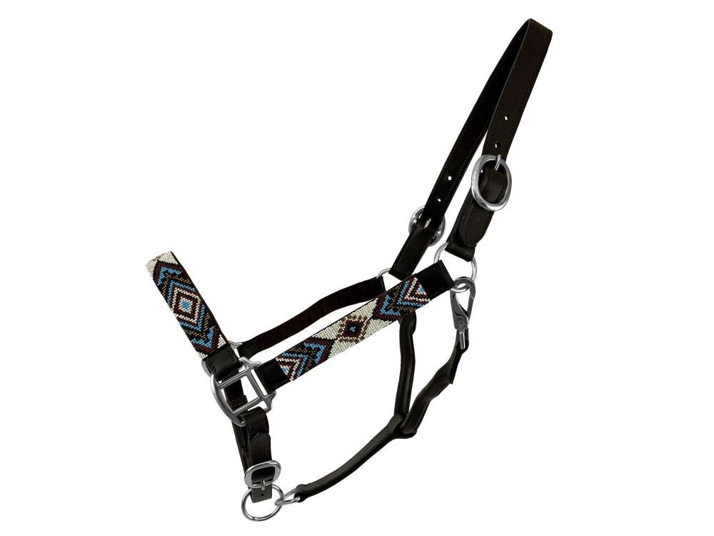 Leather Halter w/ Blue, White & Burgundy Aztec Beaded Overlay