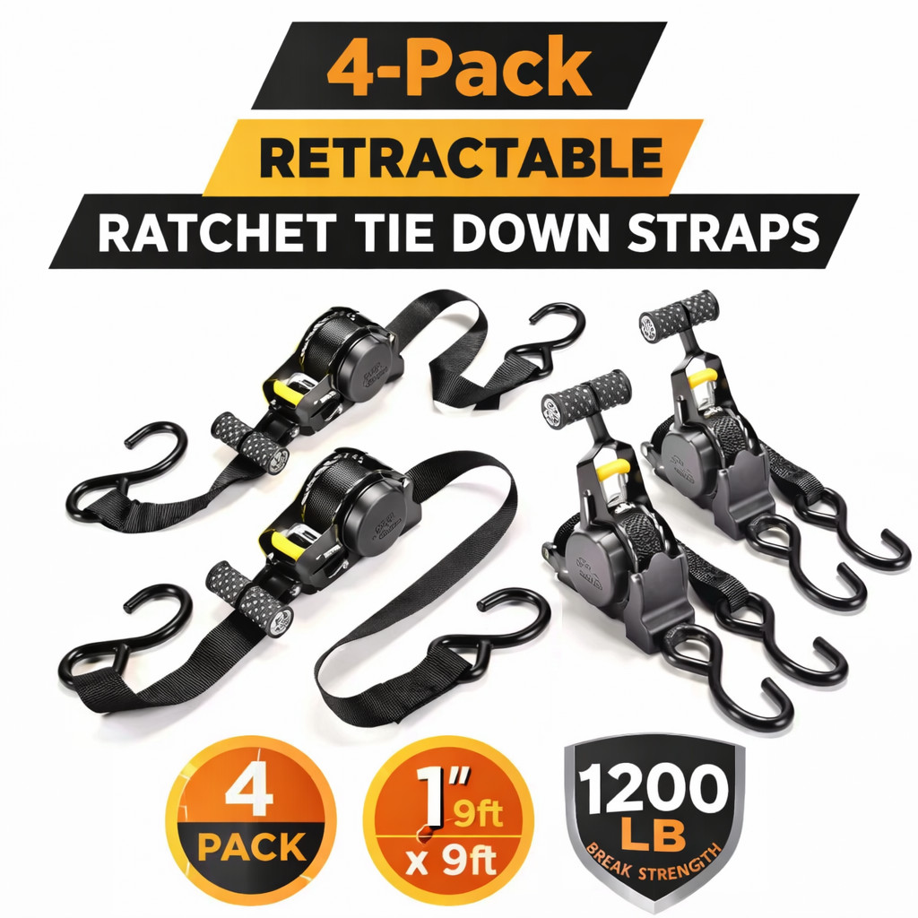 Retractable Ratchet Tie Down Straps 1” x 9’  1200LB Heavy Duty (4 Pack)