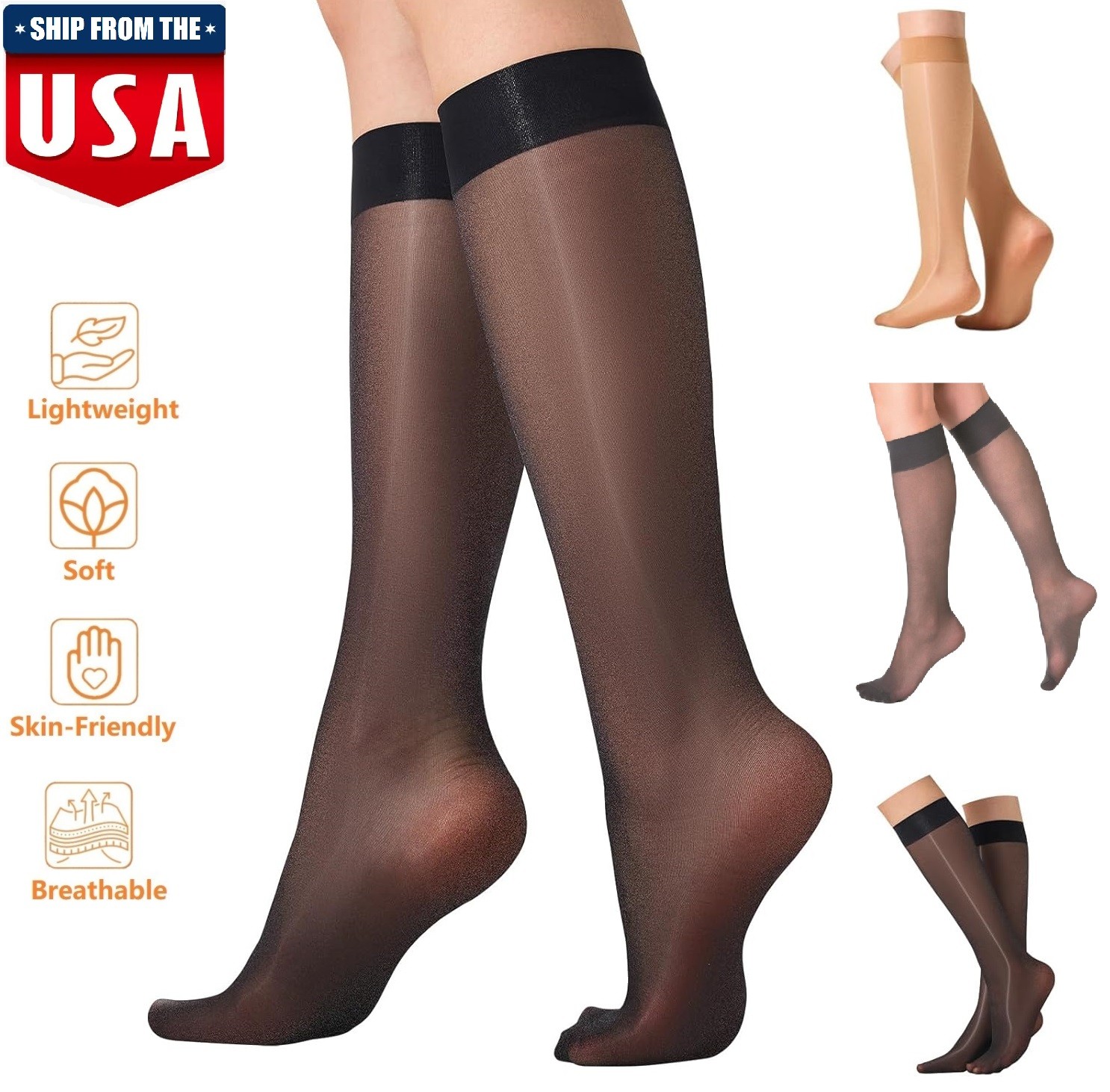 4× Sheer Knee High Socks 20D Premium Silky Soft Nylon Stockings Control Top USA