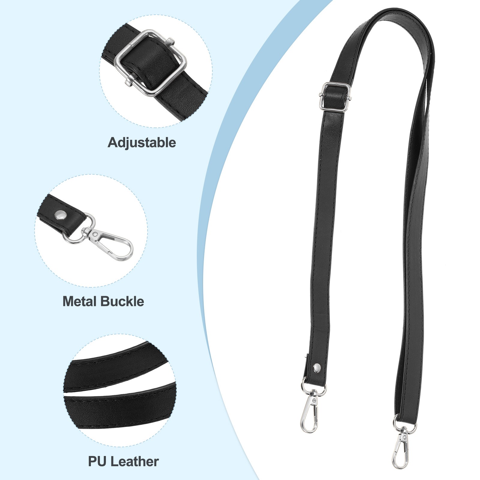 51 Inch Adjustable Leather Purse Strap with Silver Hardware, Black