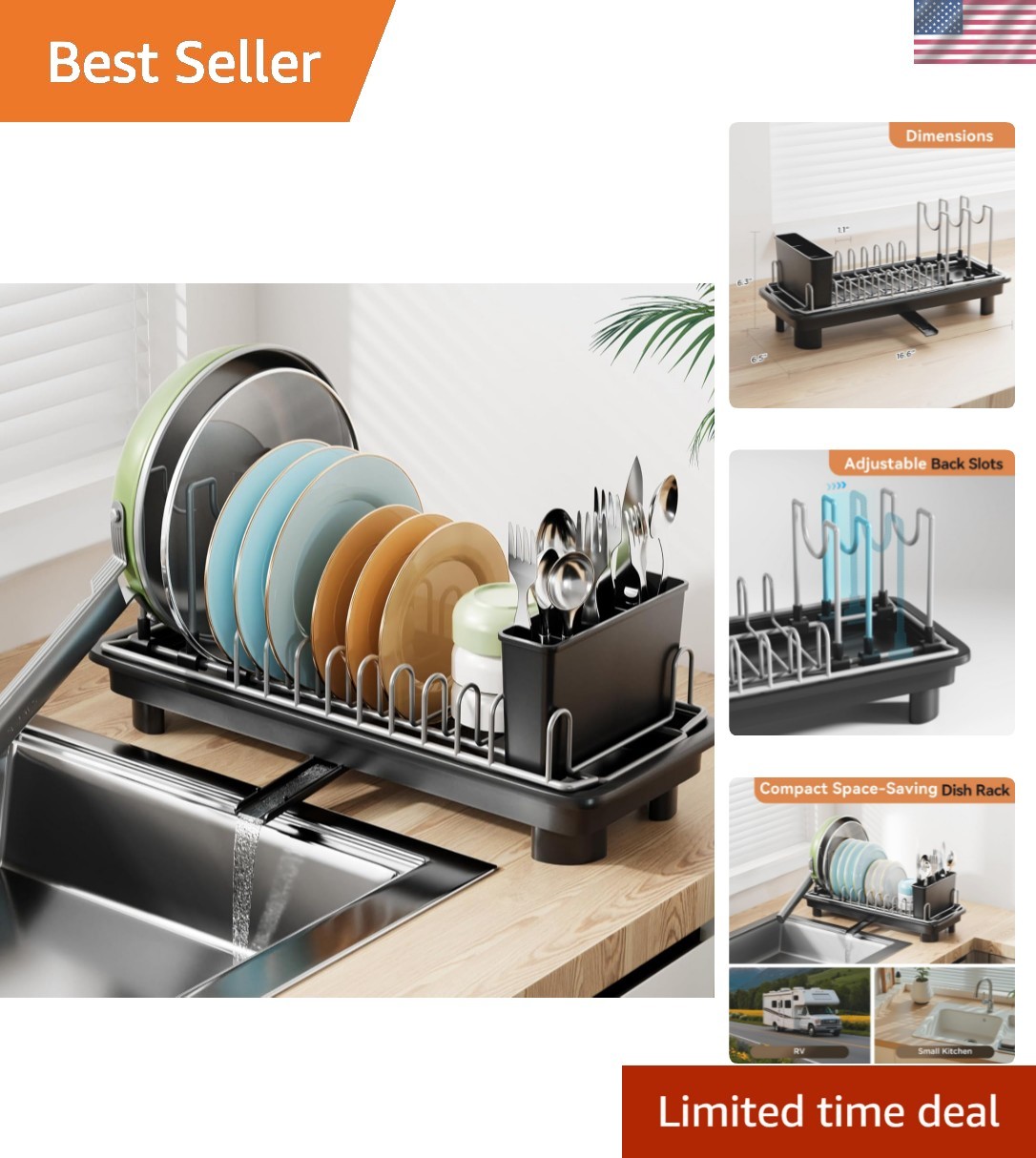 Small Dish Drying Rack, Compact Dish Drainer for Kitchen Counter, with Adjust...