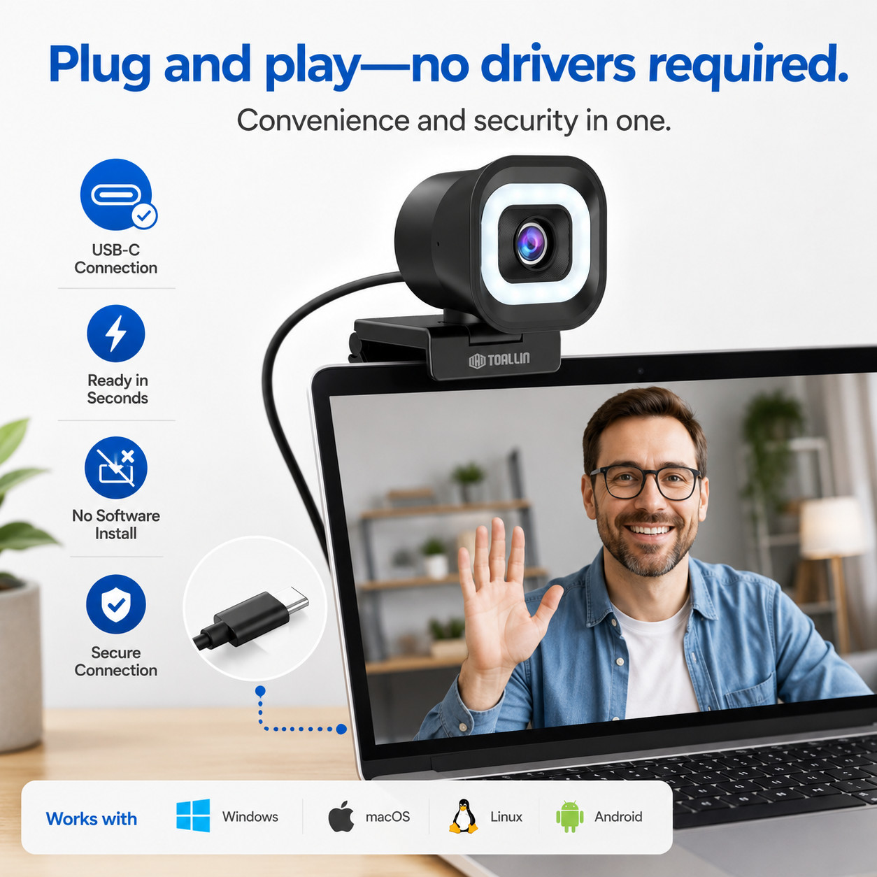 TOALLIN 4K UHD PDAF Webcam 5-level adjust Ring Light,Plug & Play,USB Connection