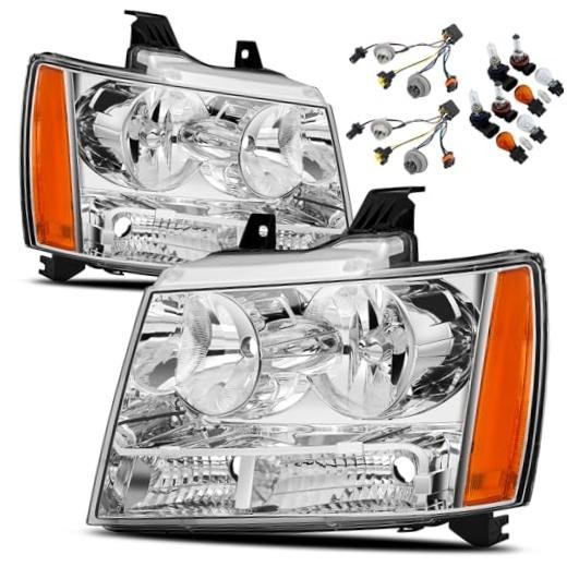 Headlight Assembly For 2007-2013 Chevy Avalanche Chrome Amber with Wire & Bulbs