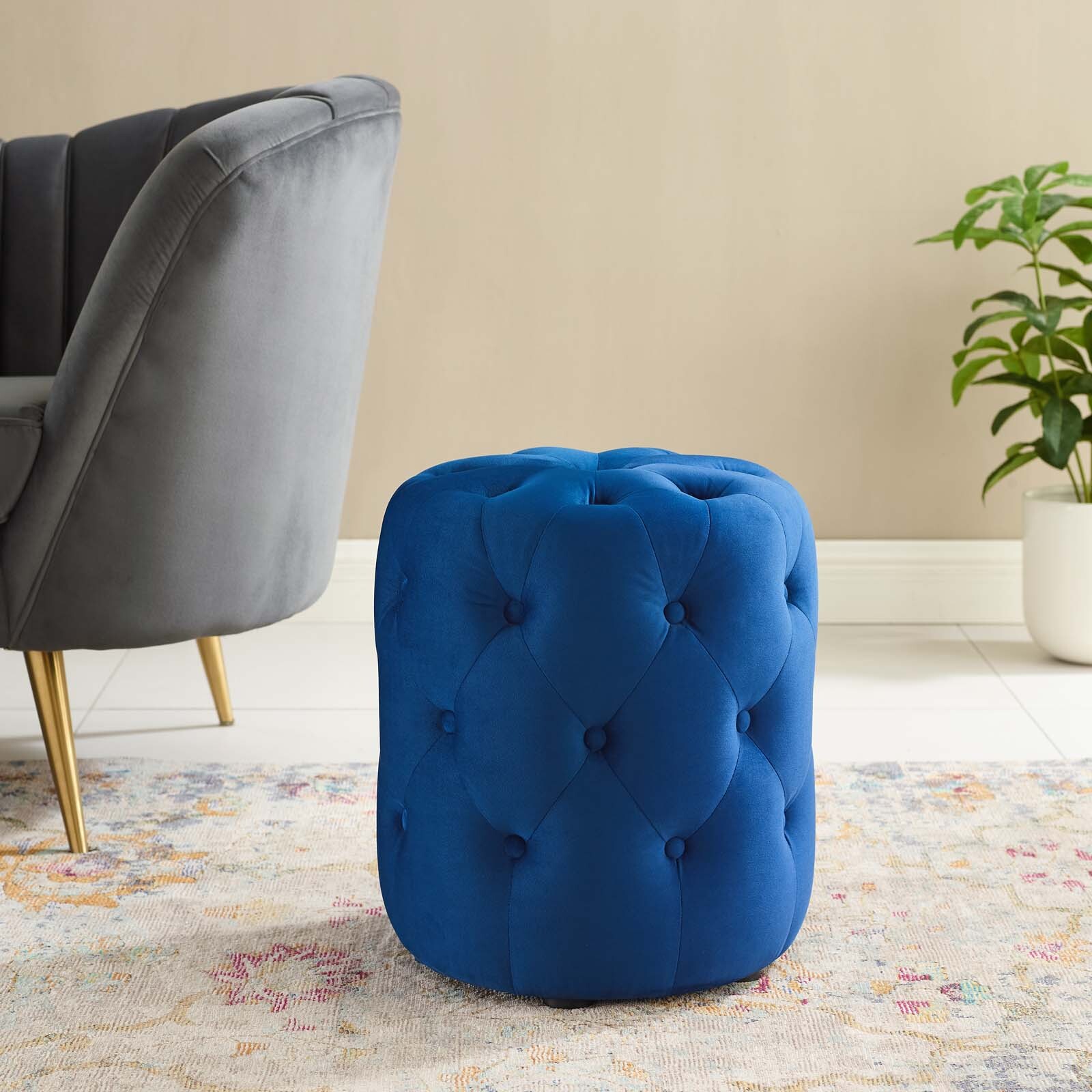 Modway Amour Tufted Performance Velvet Round Upholstered Ottoman in Navy