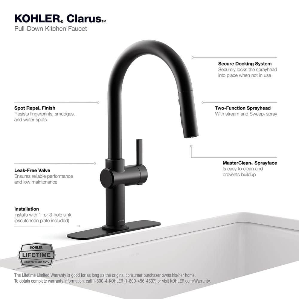 KOHLER Clarus Single Handle Pull Down Sprayer Kitchen Faucet in Matte Black