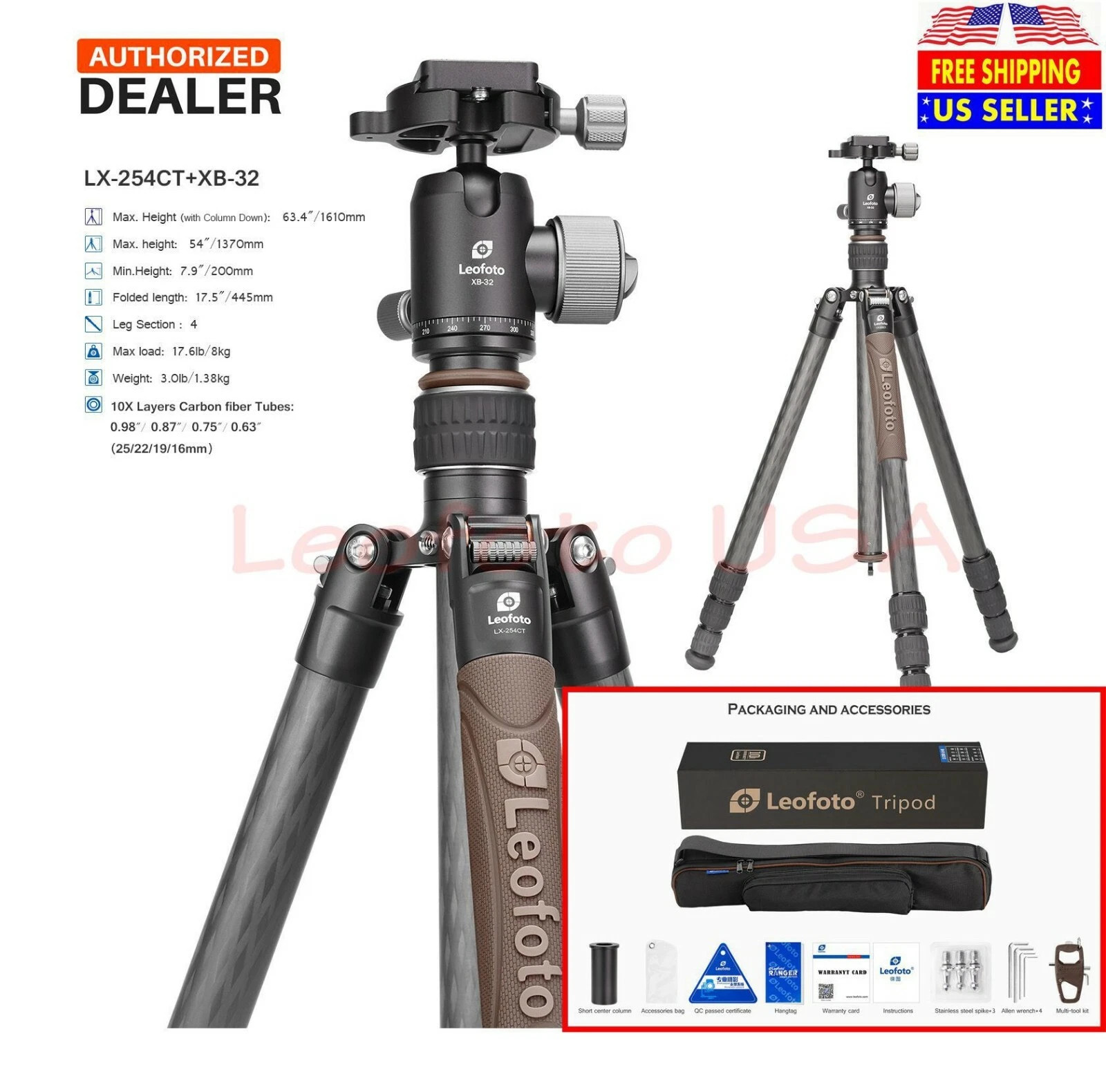Leofoto LX-254CT + XB-32 Reversible Travel Tripod with Ball Head